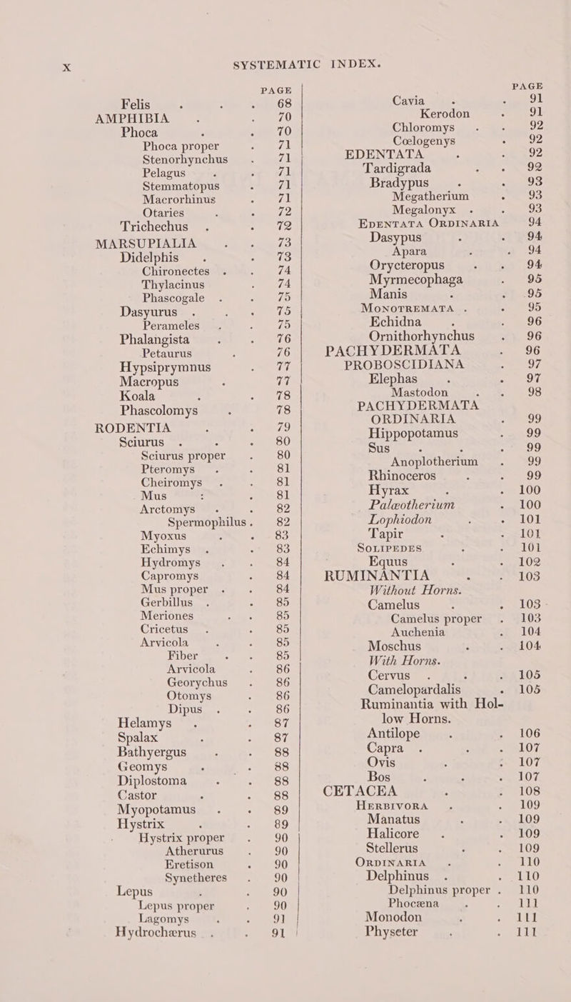 Felis AMPHIBIA Phoca Phoca proper Stenorhynchus Pelagus Stemmatopus Macrorhinus Otaries Trichechus MARSUPIALIA Didelphis Chironectes Thylacinus Phascogale Dasyurus Perameles Phalangista Petaurus Hypsiprymnus Macropus Koala Phascolomys RODENTIA Sciurus Sciurus proper Pteromys Cheiromys Mus : Arctomys .- : Myoxus Echimys Hydromys Capromys Mus proper Gerbillus Meriones Cricetus Arvicola Fiber Arvicola Georychus Otomys Dipus Helamys Spalax Bathyergus Geomys Diplostoma Castor Myopotamus Hystrix Hystrix proper Atherurus Eretison Synetheres Lepus Lepus proper Lagomys Hydrochærus 68 70 Cavia Kerodon Chloromys Cœlogenys EDENTATA Tardigrada Bradypus Megatherium Megalonyx 5 EDENTATA ORDINARIA Dasypus Apara Orycteropus Myrmecophaga Manis MoNOTREMATA . Echidna : Ornithorhynchus PACHYDERMATA PROBOSCIDIANA Elephas Mastodon ; PACHYDERMATA ORDINARIA Hippopotamus Sus : 5 Anoplotherium Rhinoceros Hyrax Paleotherium Lophiodon Tapir SOLIPEDES Equus : RUMINANTIA : Without Horns. Camelus Camelus proper Auchenia Moschus With Horns. Cervus. : Camelopardalis Ruminantia with Hol- low Horns. Antilope CETACEA HERBIVORA Manatus Halicore Stellerus ORDINARIA Delphinus : Delphinus proper . Phocæna Monodon Physeter