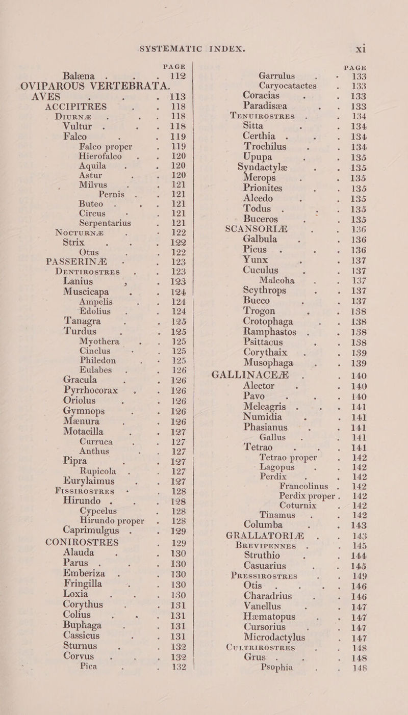 Baleena AVES ACCI PITRES DIivrNÆ Vultur Falco Falco proper Hierofalco Aquila Astur Milvus Pernis Buteo Circus Serpentarius NocTUuRNÆ Strix Otus PASSERINÆ DENTIROSTRES Lanius s Muscicapa 3 Ampelis “Edolius Tanagra Turdus Myothera _ Cinclus Philedon Eulabes Gracula Pyrrhocorax Oriolus Gymnops Mænura Motacilla Curruca Anthus Pipra : Rupicola EKurylaimus FISSIROSTRES Hirundo . Cypcelus Caprimulgus CONIROSTRES Alauda Parus Emberiza Fringilla Loxia Corythus Colius Buphaga Cassicus Sturnus Corvus Pica 113 118 118 118 119 119 120 120 120 71 121 121 121 121 122 122 122 123 123 123 124 124 124 Garrulus Caryocatactes Coracias Paradisæa TENUIROSTRES Sitta Certhia Trochilus Upupa Syndactyle Merops Prionites Alcedo Todus Buceros SCANSORIA Galbula Picus Yunx Cuculus Malcoha Scythrops Bucco Trogon Crotophaga Ramphastos Psittacus ; Corythaix Musophaga GALLINACEÆ Alector Pavo Meleagris Numidia : Phasianus Gallus Tetrao Lagopus Perdix Coturnix Tinamus Columba À GRALLATORIZÆ BREVIPENNES Struthio Casuarius PRESSIROSTRES Otis Charadrius Vanellus Hæmatopus Cursorius Microdactylus CULTRIROSTRES Grus . Psophia