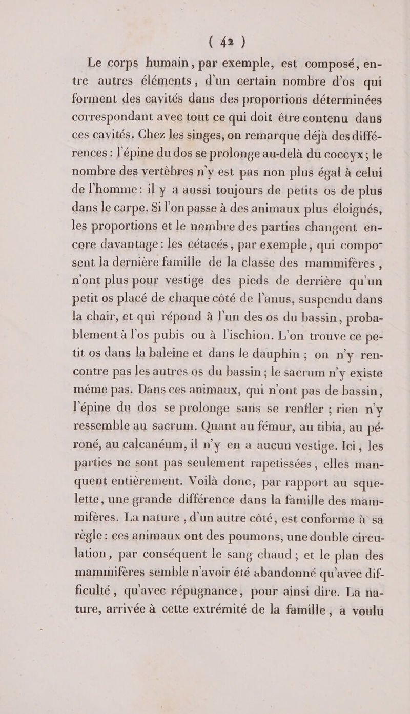 Le corps humain, par exemple, est composé, en- tre autres éléments, d'un certain nombre d'os qui forment des cavités dans des proportions déterminées correspondant avec tout ce qui doit être contenu dans ces cavités. Chez les singes, on remarque déjà des diffé- rences : l'épine du dos se prolonge au-delà du coccyx; le nombre des vertèbres n'y est pas non plus égal à celui de l'homme: il y à aussi toujours de petits os de plus dans le carpe. Si l'on passe à des animaux plus éloignés, les proportions et le nembre des parties changent en- core davantage: les cétacés, par exemple, qui compo- sent la dernière famille de la classe des mammifères , n'ont plus pour vestige des pieds de derrière qu'un petit os placé de chaque côté de l'anus, suspendu dans la chair, et qui répond à l'un des os du bassin, proba- blement à l'os pubis ou à l'ischion. L’on trouve ce pe- tit os dans la baleine et dans le dauphin ; on n'y ren- contre pas les autres os du bassin ; le sacrum n'y existe même pas. Dans ces animaux, qui n'ont pas de bassin, l'épine du dos se prolonge sans se renfler ; rien n'y ressemble au sacrum. Quant au fémur, au tibia, au pé- roné, au calcanéum, il n’y en a aucun vestige. Ici, les parties ne sont pas seulement rapetissées , elles man- quent entièrement. Voilà donc, par rapport au sque- lette, une grande différence dans la famille des mam- mifères. La nature , d'un autre côté, est conforme à sa règle : ces animaux ont des poumons, une double cireu- lation, par conséquent le sang chaud ; et le plan des mammifères semble n'avoir été abandonné qu'avec dif- ficulté, qu'avec répugnance, pour ainsi dire. La na- ture, arrivée à cette extrémité de la famille, a voulu