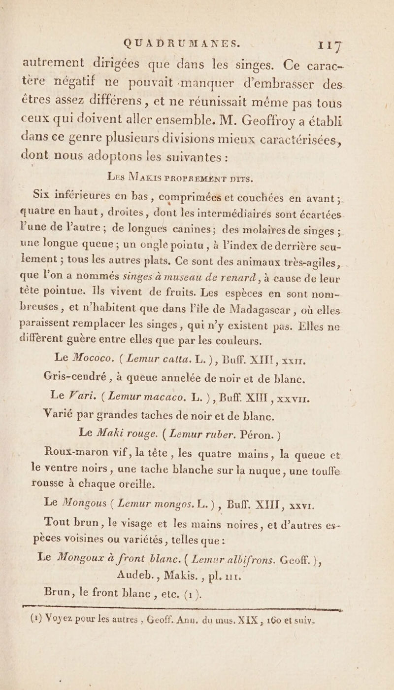 autrement dirigées que dans les singes. Ce carac- tére négatif ne pouvait manquer d'embrasser des êtres assez différens , et ne réunissait même pas tous ceux qui doivent aller ensemble. M. Geoffroy a établi dans ce genre plusieurs divisions mieux caractérisées, dont nous adoptons les suivantes : Les MAIS PROPREMENT pr. Six inférieures en bas, comprimées et couchées en avant ;. quatre en haut, droites, dont les intermédiairés sont écartées lune de l’autre; de longues canines; des molaires de singes ; une longue queue ; un ongle pointu , à l'index de derrière seu- lement ; tous les autres plats. Ce sont des animaux trés-agiles, que lon a nommés singes à museau de renard , à cause de leur tète pointue. Ils vivent de fruits. Les espèces en sont nom- breuses , et n’habitent que dans Pile de Madagascar , où elles paraissent remplacer les singes , qui n’y existent pas. Elles ne diffèrent guère entre elles que par les couleurs. Le Mococo. ( Lemur caita. L.), Buff. XIII, xxrr. Gris-cendré , à queue annelée de noir et de blanc. Le Vari. (Lemur macaco. L. ), Buff. XII &gt; XXVII. Varié par grandes taches de noir et de blanc. Le Maki rouge. ( Lemur ruber. Péron. ) Roux-maron vif, la iête , les quatre mains, la queue et le ventre noirs, une tache blanche sur la nuque , une touffe rousse à chaque oreille. Le Mongous ( Lemur mongos. L.), Buff. XIII, xxvr. Tout brun, le visage et les mains noires, et d’autres es- pèces voisines ou variétés, telles que : Le Mongoux à front blanc. (Lemur albifrons. Geof. }, Audeb., Makis. , pl. ur. Brun, le front blanc , etc. (1). oo 1) Voyez pour les autres , Geoff, Ann, du mus. XIX , 160 et suiv. / à P ?