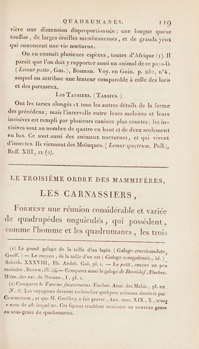 riére une dimension disproportionnée ; une longue queue touffue , de larges oreilles membraneuses , et de grands yeux qui annoncent une vie nocturne. On en connaît plusieurs espèces , toutes d'Afrique (1). Il paraît que l’on doit y rapporter aussi un animal de ce pays-là (Lemur potto, Gm.), Bosman. Voy.en Guin. p. 252, n°4, auquel on attribue une lenteur comparable à celle des loris et des paresseux, Les Tarsrers. (Tarsrus. ) Oni les tarses alongés ct tous les autres détails de la forme des précédens; mais l'intervalle entre leurs molaires et leurs incisives est rempli par plusieurs canines plus courtes : les in- cisives sont au nombre de quatre en haut et de deux seulement en bas. Ce sont aussi des animaux nocturnes, et qui vivent insectes. Ils viennent des Moluques. { Lemur spectrum. Païl.), Bulf. XII, 1x (2). LE TROISIÈME ORDRE DES MAMMIFÈRES, LES CARNASSIERS, Formenr une réunion considérable et variée de quadrupèdes onguiculés , qui possèdent , comme l’homme et les quadrumanes , les trois (1) Le grand galago de la taille d’un lapin ( Galago crassicaudatu . Geoff, ) — Le moyen , de la taille d’un rat ( Galago senegalensis , id.) Schreb. XXXVIII, Bb. Audeb. Cal. pl. 1. — Le petit, encore un peu moindre , Brown, ill. 44.— Comparez aussi le galago de Demidof, Fischer. M ém. des nat. de Moscou , I, pher (2) Comparez le Tarsius fuscomanus. Fischer. Anat. des Makis , pl. 11r N. 8. Les voyageurs devront rechercher quelques animaux dessinés par Commerson , et que M. Geoffroy a fait graver , Ann. mus. XIX ,X, SOUSA e nom de ch‘irogaleus. Ces figures semblent annoncer un nouveau genre ou sous-genre de quadrumanes.