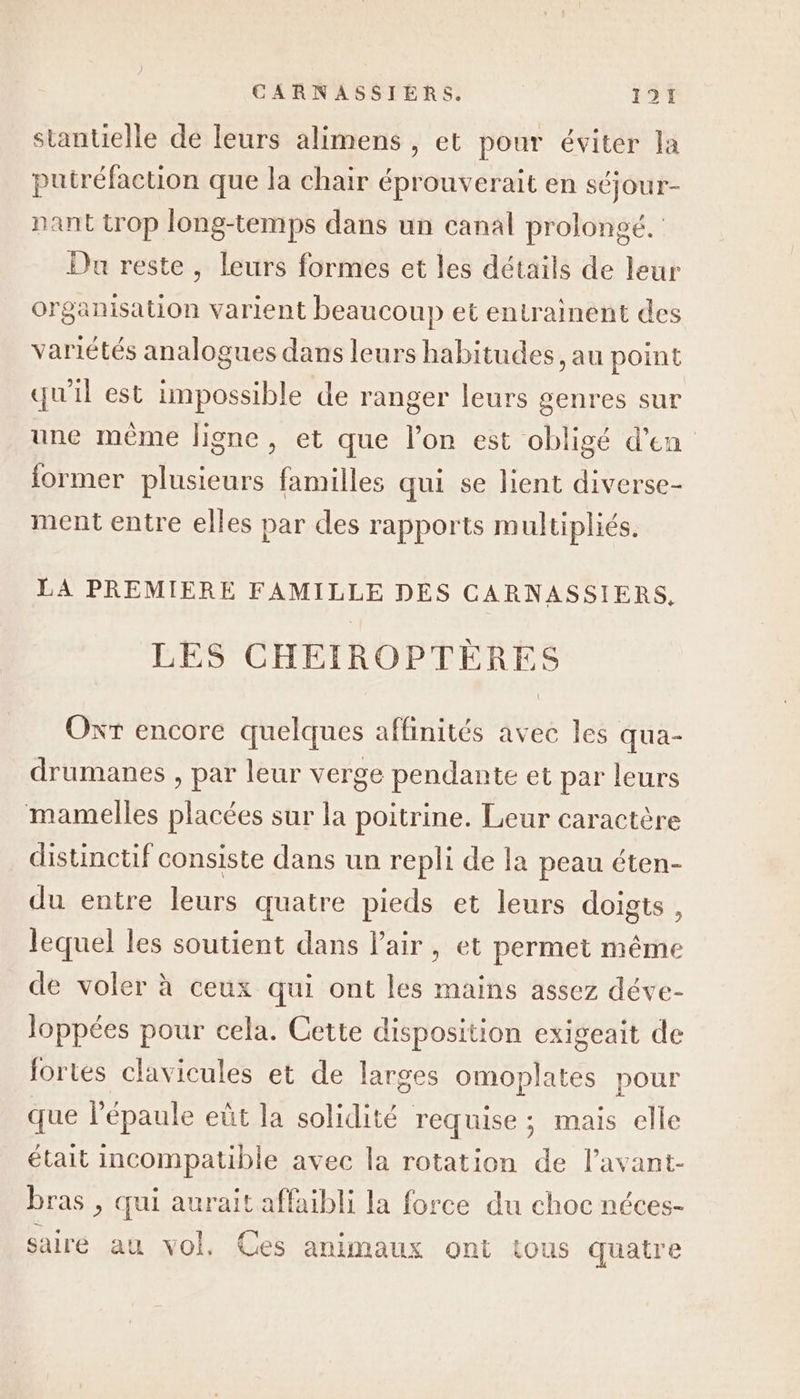 stantielle de leurs alimens , et pour éviter la putréfaction que la chair éprouverait en séjour- nant trop long-temps dans un canal prolongé. Du reste , leurs formes et les détails de leur organisation varient beaucoup et entrainent des variétés analogues dans leurs habitudes, au point qu'il est impossible de ranger leurs genres sur une même ligne, et que l’on est obligé d’en iormer plusieurs familles qui se lient diverse- ment entre elles par des rapports multipliés. LA PREMIERE FAMILLE DES CARNASSIERS, LES CHEIROPTÈRES Oxr encore quelques affinités avec les qua- drumanes , par leur verge pendante et par leurs mamelles placées sur la poitrine. Leur caractère distinctif consiste dans un repli de la peau éten- du entre leurs quatre pieds et leurs doigts, lequel les soutient dans l'air, et permet même de voler à ceux qui ont les mains assez déve- loppées pour cela. Cette disposition exigeait de fortes clavicules et de larges omoplates pour que l'épaule eût la solidité requise ; mais elle était incompatible avec la rotation de l’avant- bras , qui aurait affaibli la force du choc néces- sairée au vol. Ces animaux ont tous quatre