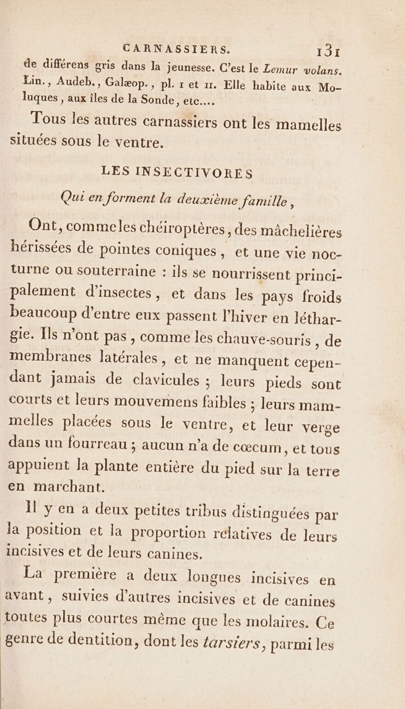de différens gris dans la jeunesse. C’est le Lemur volans. Lin., Audeb., Galæop. , pl. r et x. Elle habite aux Mo- luques , aux îles de la Sonde, etc... | Tous les autres Carnassiers ont les mamelles situées sous le ventre. LES INSECTIVORES Qui en forment la deuxième famille, Ont, commeles chéiroptères , des mâchelières hérissées de pointes coniques, et une vie noc- turne ou souterraine : ils se nourrissent princi- palement d'insectes, et dans les pays froids beaucoup d’entre eux passent l'hiver en Jéthar- gie. Îls n’ont pas , comme les chauve-souris , de membranes latérales, et ne manquent cepen- dant jamais de clavicules ; leurs pieds sont courts et leurs mouvemens faibles ; leurs mam- melles placées sous le ventre, et leur verge dans un fourreau ; aucun n’a de cœcum ,ettous appuient la plante entière du pied sur Ja terre en marchant. il y en a deux petites tribus distinguées par la position et la proportion relatives de leurs incisives et de leurs canines. La première a deux longues incisives en avant, suivies d’autres incisives et de canines toutes plus courtes même que les molaires. Ce genre de dentition, dont les farsters, parmi les