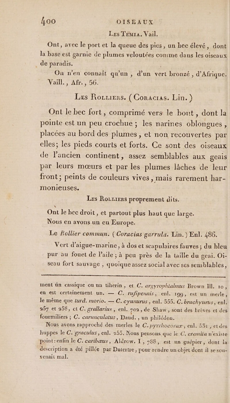 Lss Temra. Vail. Ont, avec le port et la queue des pies , un bec élevé, dont la base est garnie de plumes veloutées comme dans les oiseaux _de paradis. On n’en connait qu’un , d’un vert bronzé, d'Afrique. Vaill., Afr., 56. Les Rorriers. ( Coracras. Lin.) Ont le bec fort, comprimé vers le bout , dont la pointe est un peu crochue ; les narines oblongues, placées au bord des plumes , et non recouvertes par elles; les pieds courts et forts. Ce sont des oiseaux de l’ancien continent, assez semblables aux geais par leurs mœurs et par les plumes lâches de leur front ; peints de couleurs vives, mais rarement har- monieuses. Lzs Rozr1ERS proprement dits. Ont le bec droit , et partout plus haut que large. Nous en avons.un eu Europe. Le Rollier commun. ( Coracias garrula. Lin.) Enl. 486. Vert d'aigue-marine, à dos et scapulaires fauves ; du bleu ur au fouet de Paile ; à peu près de la taille du geai. Oi- D TUE 5 seau fort sauvage , quoique assez social avec ses semblables, ment ün cassique ou un tiherin, et C. argyrophtalnus Brown Il, 10, en est certainement un. — ©. rufipenais, enl. 199, est un merle, le mème que {urd. morio. — C. cyanurus , enl. 355. C. brachyurus, enl. 257 et 258, ct C. grallarius , enl. 702, de Shaw, sont des brèves et des fourmiliers ; C. carunculatus, Daud. , un philédon. Nous avons rapproché des merles le C.pyrrhocorax, enl. 534 , et des huppes le C. graculus , enl. 255, Nous pensons que le ©, eremila n'existe point:enfin le C. caribœus, Aldrow. I, 788, est un guépier, dont la description a été pillée par Dutertre, pour rendre un objet dont il se sou- venait mal. |