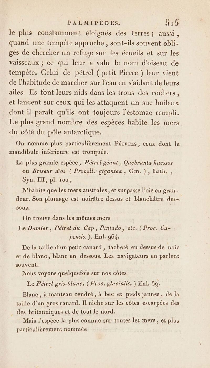 le plus constamment éloignés des terres; aussi, quand une tempête approche, sont-ils souvent obli- gés de chercher un refuge sur les écueils et sur les vaisseaux ; ce qui leur a valu le nom d'oiseau de tempête. Celui de pétrel (petit Pierre ) leur vient de l'habitude de marcher sur l’eau en s’aidant de leurs ailes. Ils font leurs nids dans les trous des rochers, et lancent sur ceux qui les attaquent un suc huileux dont il paraît qu'ils ont toujours l'estomac rempli. Le plus grand nombre des espèces habite les mers du côté du pôle antarctique. On nomme plus particulièrement PÉrREzS, ceux dont la mandibule inférieure est tronquée. La plus grande espèce, Pétrel géant , Quebranta huessos ou Briseur d'os ( Procell. gigantea , Gm. ), Lath., Syn. IIT, pl. 100, N’habite que les mers australes, et surpasse l’oie en gran- deur. Son plumage est noirâtre dessus et blanchâtre des- sous. | On trouve dans les mêmes mers Le Damier , Pétrel du Cap, Pintado, etc. (Proc. Ca- pensis. ). Enl. 964. De la taille d’un petit canard, tacheté en dessus de noir et de blanc, blanc en dessous. Les navigateurs en parlent souvent. Nous voyons quelquefois sur nos côtes Le Pétrel gris-blanc. ( Proc. glacialis. ) Enl. 50. Blanc, à manteau cendré, à bec et pieds jaunes, de Ja taille d’un gros canard. II niche sur les côtes escarpées des îles britanniques et de tout le nord. Mais l’espèce la plus connue sur toutes les mers , et plus particulièrement nommée