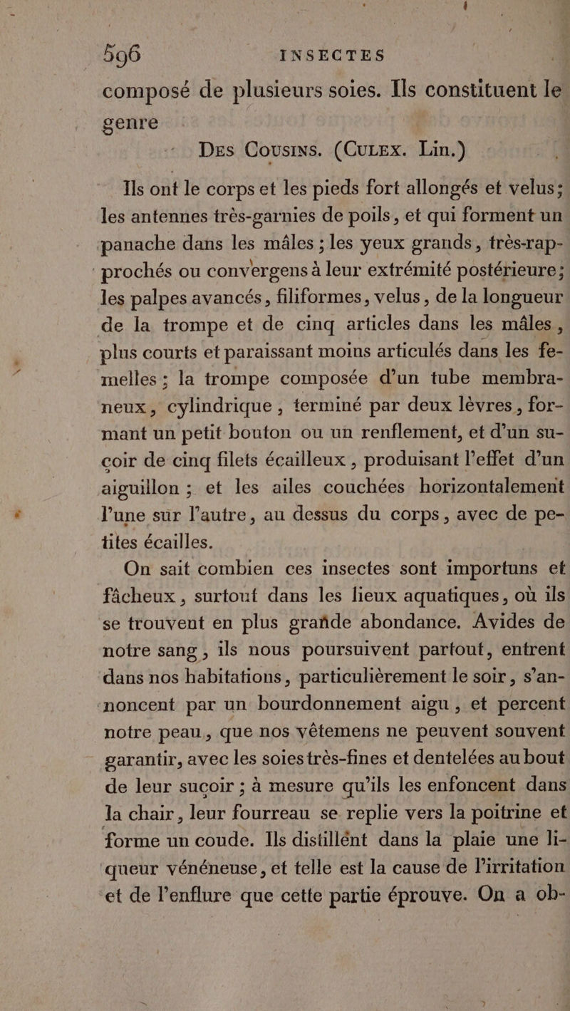 + composé de plusieurs soies. Ils constituent le, genre Des Cousins. (CuLex. Lin.) Ils ont le corps et les pieds fort allongés et velus; les antennes très-garnies de poils, et qui forment un les palpes avancés, filiformes, velus, de la longueur plus courts et paraissant moins articulés dans les fe- melles ; la trompe composée d’un tube membra- neux, cylindrique , terminé par deux lèvres, for- mant un petit bouton ou un renflement, et d’un su- coir de cinq filets écailleux , produisant l’effet d’un aiguillon ; et les ailes couchées horizontalement l’une sur l’autre, au dessus du corps, avec de pe- tites écailles. On sait combien ces insectes sont importuns et fâcheux , surtout dans les lieux aquatiques, où ils se trouvent en plus grañde abondance. Avides de notre sang , ils nous poursuivent partout, entrent dans nos habitations, particulièrement le soir, s’an- notre peau, que nos vêtemens ne peuvent souvent garantir, avec les soies très-fines et dentelées au bout de leur sucoir ; à mesure qu’ils les enfoncent dans SOI s | la chair , leur fourreau se replie vers la poitrine et F ? L forme un coude. Ils distillént dans la plaie une li-