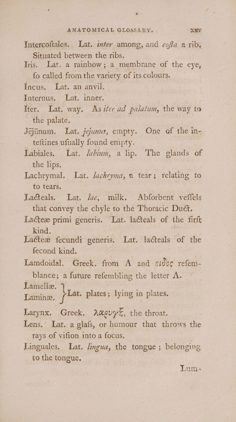 5 ANATOMICAL GLOSSARY, axY {ntercoftales. Lat. zter among, and coffa a rib. Situated between the ribs. Iris. Lat. a rainbow;.a membrane of the eye, fo called from the variety of its colours, Incus, Lat. an anvil. Internus, Lat. inner. Iter. Lat, way. As ifer ad palatum, t the way to the palate. Jejtinum. Lat. jejunus, ety. One of the in- teftines ufually found empty. Labiales. Lat. Jabium, a lip. The glands of the lips, ees Lachrymal. Lat. Jachryma, a tear; relating to to tears, ) Lacteals. Lat. Jac, milk. Abforbent veffels _ that convey the chyle to the Thoracic Dut. Lactea primi generis. Lat. lacteals of the firft Kind. Lattee fecundi eeneris. Lat. lacteals of the fecond kind. Lamdoidal. Greek. from A and e100¢ refem- blance; a future refembling the letter A. © Lamelle. } i es Datithes, pe plates; lying in plates. Larynx, Greek. Aneuys, the throat. Lens.’ Lat. a glafs, or humour that throws the _rays of vifion into a focus. Linguales. Lat. lingua, the tongue ; ; belonging to the tongue, Lum-