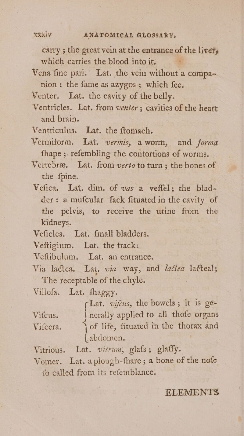 carry ; the great vein at the entrance of the livery which carries the blood into it. ! Vena fine pari. Lat. the vein without a compas nion: the fame as azygos; which fee. Venter. Lat. the cavity of the belly. Ventricles. Lat. from venter ; cavities of the heart and brain. | Ventriculus. Lat. the ftomach. Vermiform. Lat. vermis, a worm, and forma fhape ; refembling the contortions of worms. Vertebrae. Lat. from verto to turn ; the bones of the fpine. Vefica. Lat. dim. of vas a veffel; the blad- der: a mufcular fack fituated in the cavity of the pelvis, to receive the urine from the kidneys. Veficles. Lat. fmall bladders. Veftigium. Lat. the track: Veftibulum. Lat. an entrance. Via lactea, Lat. vie way, and J/actea latteals The receptable of the chyle. | Villofa. Lat. fhagegy. cLat. vifcus, the bowels; it is ge= Vifcus. | nerally applied to all thofe organs Vifcera. of life, fituated in the thorax and Labdomen. Vitrious. Lat. witrum, giafs ; olaffy. Vomer. Lat. aplough-fhare; a bone of the nofe fo called from its refemblance. ELEMENTS