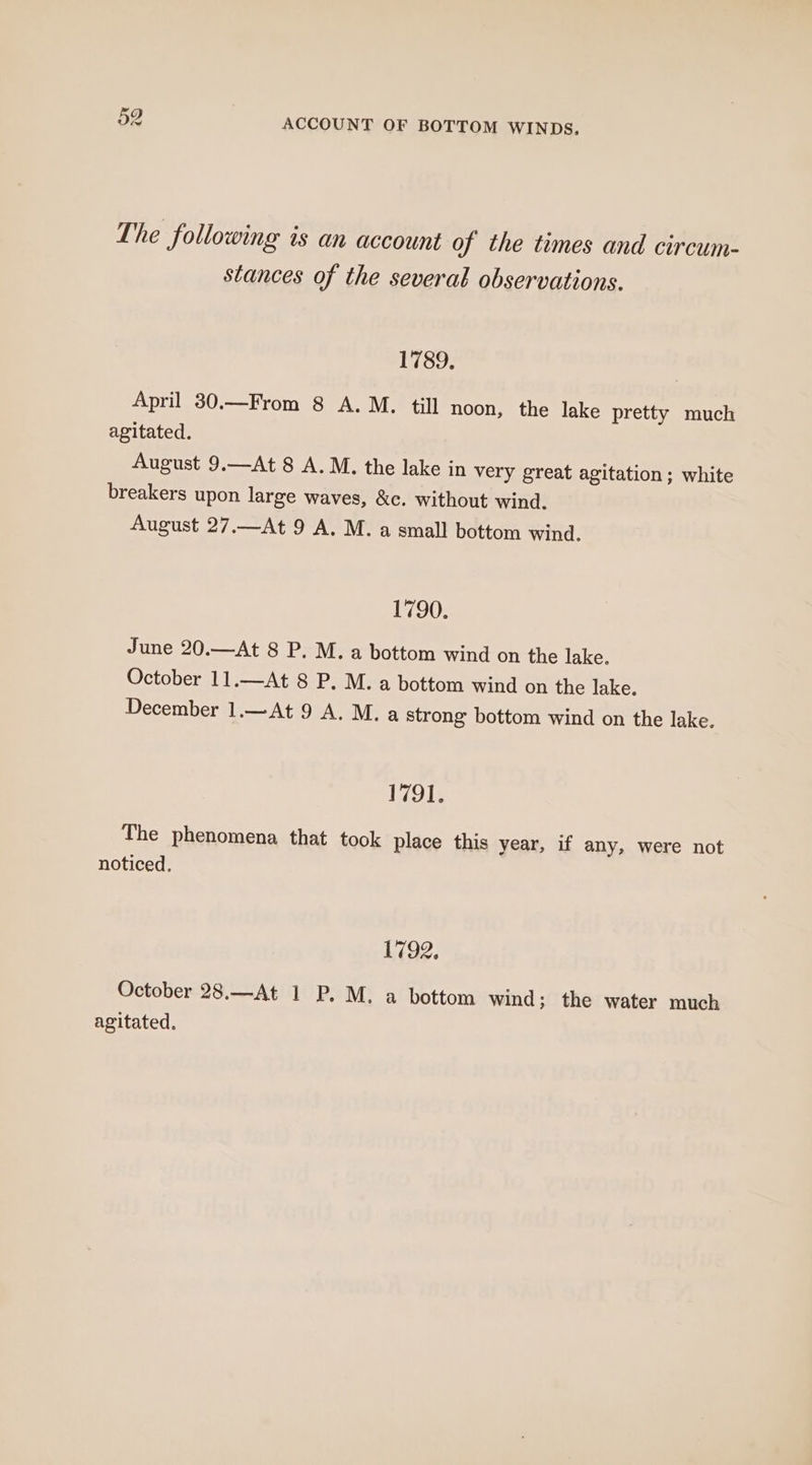 The following is an account of the times and circum- stances of the several observations. 1789. April 30.—From 8 A.M. till noon, the lake pretty much agitated. August 9.—At 8 A.M. the lake in very great agitation; white breakers upon large waves, &amp;c. without wind. August 27.—At 9 A. M. a small bottom wind. 1790. June 20.—At 8 P. M. a bottom wind on the lake. October 11.—At 8 P. M. a bottom wind on the lake. December 1.—At 9 A. M. a strong bottom wind on the lake. 179i: The phenomena that took place this year, if any, were not noticed, 1792, October 28.—At 1 P. M. a bottom wind; the water much agitated.