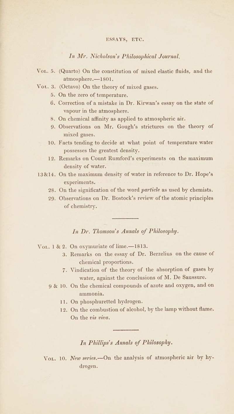 In Mr. Nicholson's Philosophical Journal. atmosphere.—1801. vapour in the atmosphere. On chemical affinity as applied to atmospheric air. mixed gases. Facts tending to decide at what point of temperature water possesses the greatest density. Remarks on Count Rumford’s experiments on the maximum density of water. On the maximum density of water in reference to Dr. Hope’s experiments. On the signification of the word particle as used by chemists. Observations on Dr. Bostock’s review of the atomic principles of chemistry. In Dr. Thomson’s Annals of Philosophy. 3. Remarks on the essay of Dr. Berzelius on the cause of chemical proportions. 7. Vindication of the theory of the absorption of gases by water, against the conclusions of M. De Saussure. ammonia. 11. On phosphuretted hydrogen. 12. On the combustion of alcohol, by the lamp without flame. On the vis viva. In Phillips's Annals of Philosophy. 10. New series.—On the analysis of atmospheric air by hy- drogen.