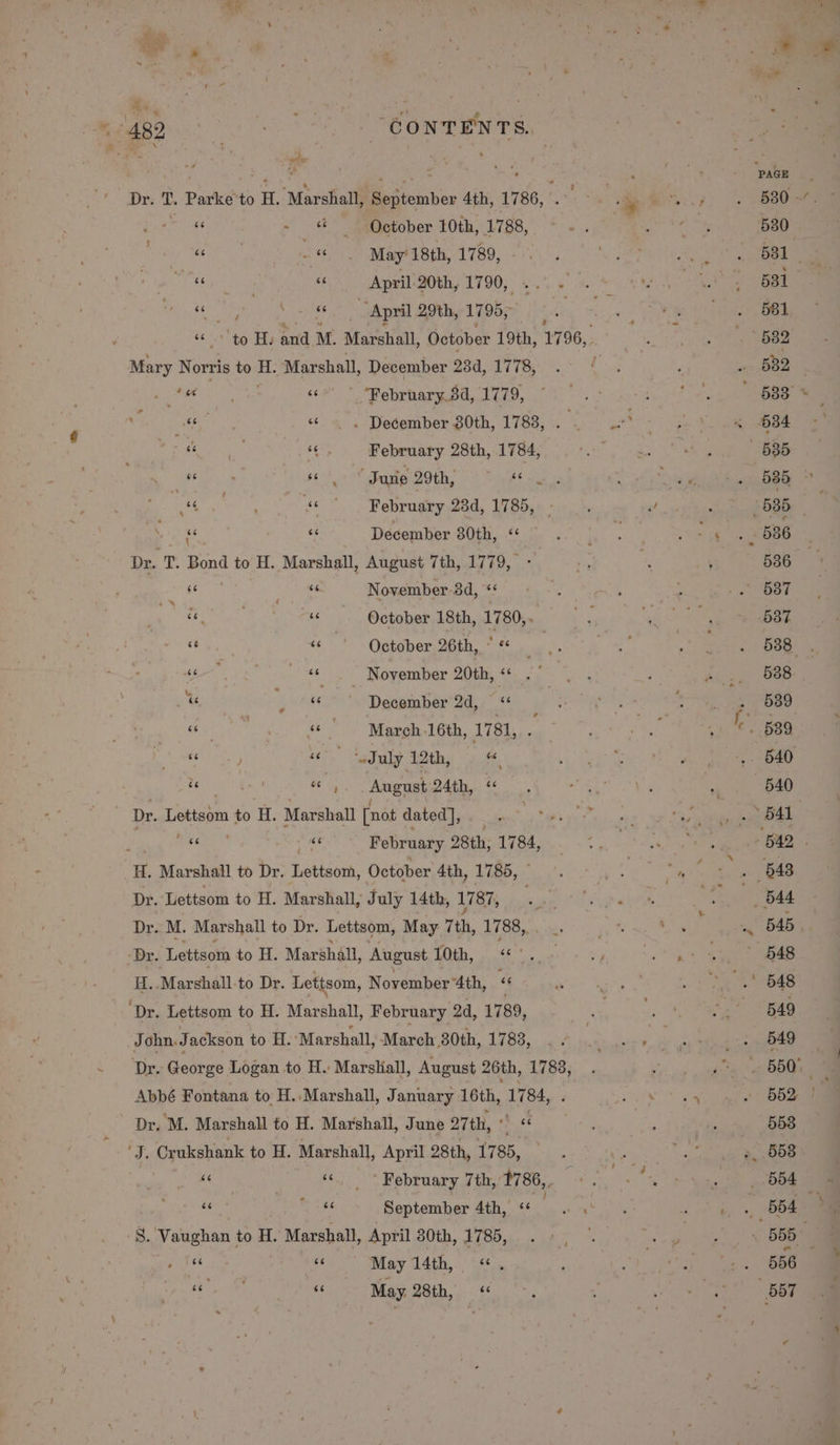 Dr. 7. Parke to H. “Marshall, Sssteinben Ath, 1786, és -% . May’ 18th, 1789, (73 sé _ April: 20th, 1790, ““ eet ‘ 66 April 29th, 1795, ‘¢ *'to Hy and M, Marshall, October 19th, 1796, Mary Norris to H. Marshall, December 23d, 1778, RAR ify ad “f _ February,8d, 1779, Veet “ . December 20th, 1783, LAUR se February 28th, 1784, Peni «© ” Sure 29th, eee a eae “© ° February 23d, 1785, - et 7s December 30th, &lt;&lt; Dr. T. Bond to H. Marshall, August Tiss Eo, &gt; aa aouee November aa, %! te, «October 18th, 1780, “a ‘October 26th, * « ee . «« . November 20th, ‘ &amp; ghee December 2d, &lt;¢ « ° | * March -16th, 1781, se } “July 12th, . &lt; “ August 24th, ‘§ Dr. Lettsom to H. Marshall [not dated], if bine February 28th, 1784, Marshall to Dr. Lettsom, October 4th, 1785, Dr. Lettsom to H. Marshall, July 14th, 1787, Dr. M. Marshall to Dr. Lettsom, May 7th, 1788,. ‘Dr. Lettsom to H. Marshall, August 10th, &lt;“&lt;'. H.. Marshall to Dr. Lettsom, November 4th, “ ‘Dr. Lettsom to H. Marshall, February 2d, 1789, John. J ackson to H. ‘Marshall, March 30th, 1783, Dr. George Logan to H. Marsliall, August 26th, 1788, Abbé Fontana to H.. Marshall, J: anuary 16th, 1784, Dr, M. Marshall to H. Marshall, June 27th, - S. Crukshank to H. Marshall, April 28th, 1785, Abn: ‘6 * February 7th, 1786,, 8. Vaughan to H. Marshall, April 80th, 1785, ¥ . May 14th, «“. ed May 28th, « 7 as