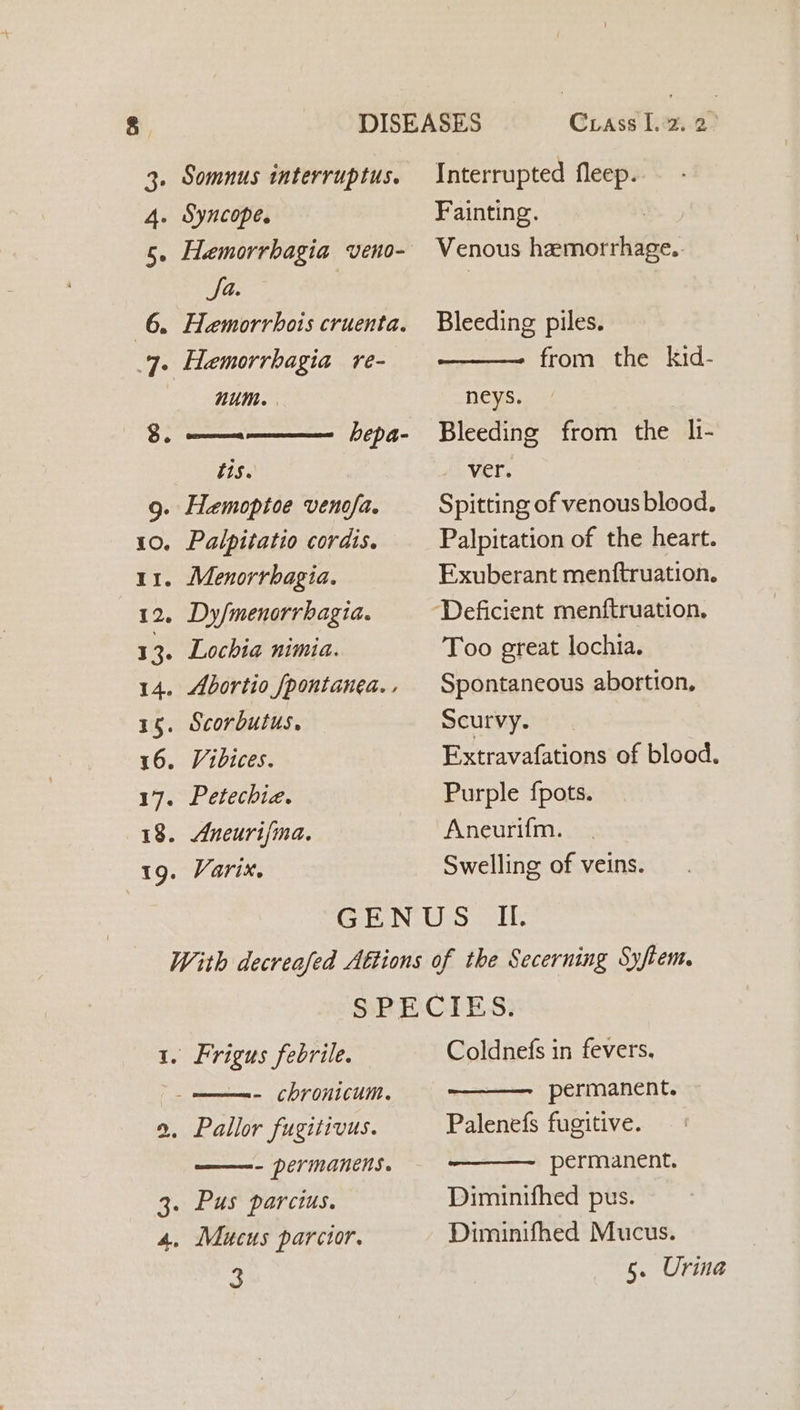 4. Syncope. 5. Hemorrbagia veno- Sa. 6. Hemorrhois cruenta. 7. Hemorrhagia re- num. bepa- tS. 9. Haemoptoe venofa. Palpitatio cordis. 11. Menorrbagia. 12. Dy/menorrhagia. Lochia nimia. 14. Abortio /pontanea. , 15. Scorbutus, 16, Vibices. 17. Petechiz. 18. Aneuri/ma. 19. Varix. Crass I.2..2- Fainting. Venous hemorrhage.. Bleeding piles. from the kid- neys. Bleeding from the h- ONET. Spitting of venous blood. Palpitation of the heart. Exuberant menftruation. Too great lochia. Spontaneous abortion, Scurvy. Extravafations of blood. Purple fpots. Aneurifm. Swelling of veins. 1. Frigus febrile. —- chronicum. 2, Pallor fugitivus. - permanens. 3. Pus parcwus. 4, Mucus parcior. 3 Coldnefs in fevers. permanent. Palenefs fugitive. permanent. Diminifhed pus. Diminifhed Mucus.