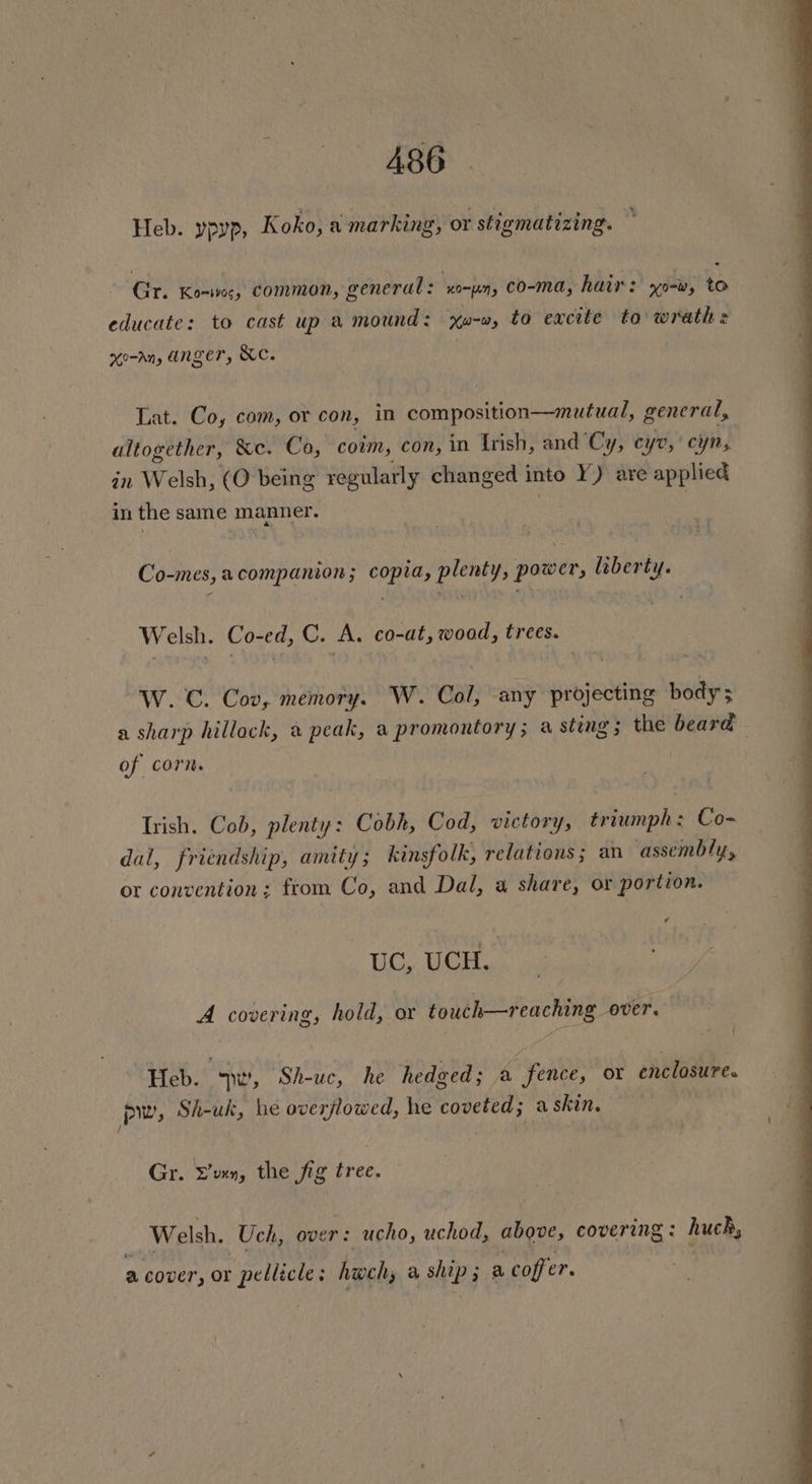 Heb. ypyp, Koko, a marking; or stigmatizing. : Gr. Ko-wws, common, general: x-yn, co-ma, hair: yo-w, to educate: to cast up a mound: Xw-w, to excite to wrath: noran, anger, Kc. Lat. Co, cam, or con, in composition—mutual, general, altogether, &amp;c. Ca, coim, con, in Irish, and Cy, cyv,' cyn,. in Welsh, (O being regularly changed into Y) are applied in the same manner. Co-mes, acompanion; copia, plenty, power, liberty. Welsh. Co-ed, C. A. co-at, wood, trees. 7 W. C. Cov, memory. W. Col, any sxbieviie body ; a sharp hillock, a peak, a promontory; a sting; the beard of corn. Irish. Cob, plenty: Cobh, Cod, victory, triumph: Co- dal, friendship, amity; kinsfolk, relations; an assembly, or convention; ftom Co, and Dal, a share, or portion. Tic UGH ano A covering, hold, or touch—reaching over. Heb. Nu’, Sh-uc, he hedged; a fence, or enclosure. pe, Sh-uk, he overflowed, he coveted; askin. Gr. Lunn, the jig tree. Welsh. Uch, over: ucho, uchod, above, covering: huckh, a cover, or pellicle: hweh, a ship; a coffer.
