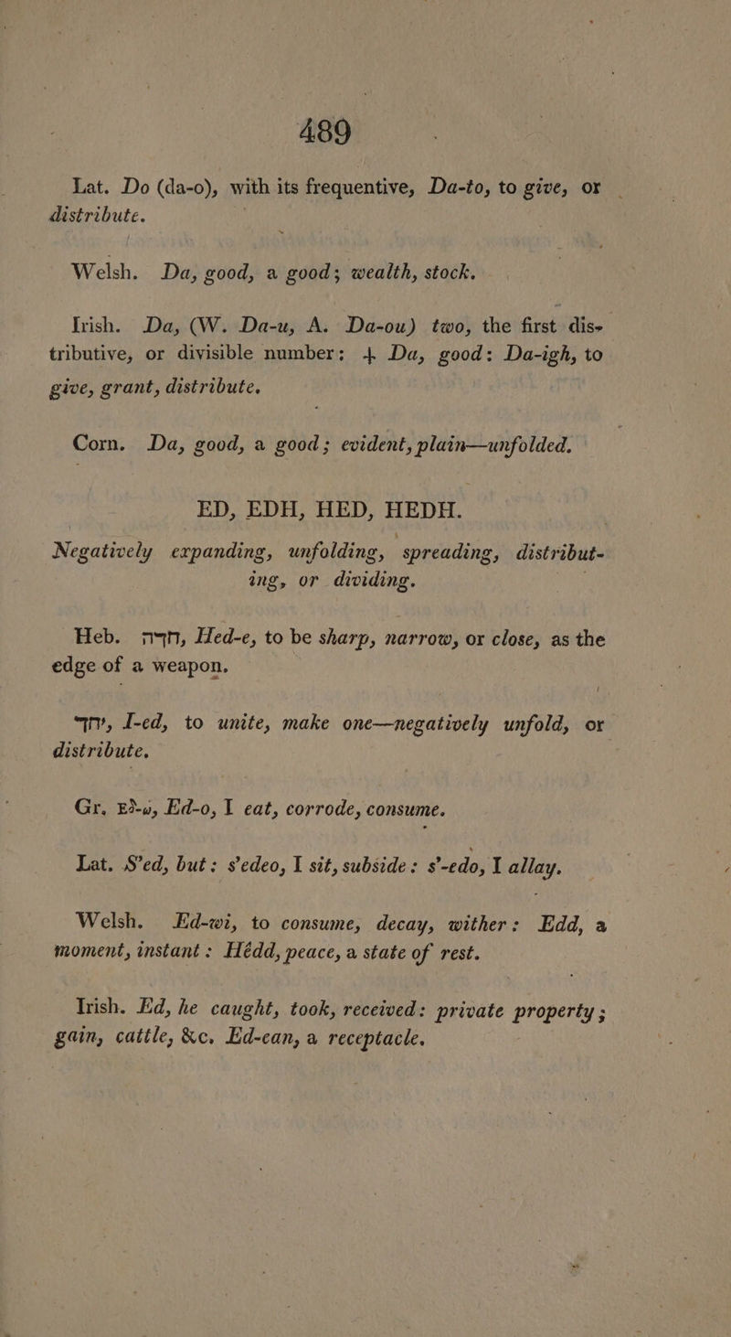 Lat. Do (da-o), with its frequentive, Da-to, to give, or _ distribute. | Welsh. Da, good, a good; wealth, stock. Irish. Da, (W. Da-u, A. Da-ou) two, the first dis tributive, or divisible number; 4 Da, good: Da-igh, to give, grant, distribute. Cor. Da, good, a good; evident, plain—unfolded. ED, EDH, HED, HEDH. : Negatively expanding, unfolding, ‘spreading, distribut- ing, or dividing. Heb... sh, Hed-e, to be sharp, narrow, or close, as the edge of a weapon, “q, I-ed, to unite, make one—negatively unfold, or distribute. . Gr, Ew, Ed-o, I eat, corrode, consume. Lat. S’ed, but: s’edeo, I sit, subside: s’-edo, I allay. Welsh. d-wi, to consume, decay, wither: Edd, a moment, instant: Hédd, peace, a state of rest. Trish. Ed, he caught, took, received: private property ; gain, cattle, &amp;c, Ed-can, a receptacle.