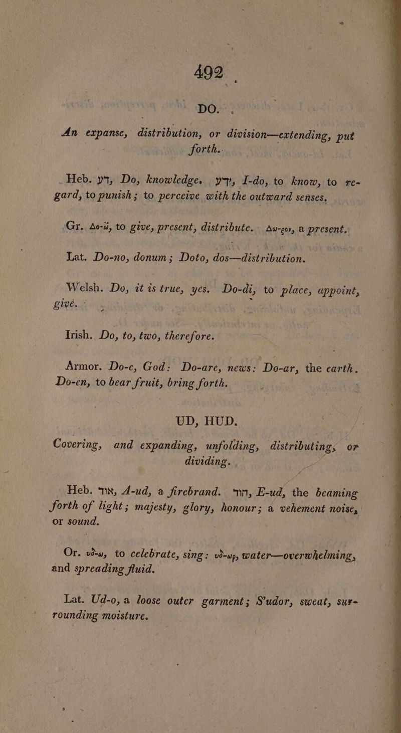 DO. . An expanse, distribution, or diviston—extending, put forth. | Heb. ys, Do, knowledge, y>), I-do, to know, to re- gard, to punish; to perceive with the outward senses. ‘Gr. Ao-w, to give, present, distribute. Aw-gar, a present. Lat. Do-no, donum; Doto, dos—distribution. Welsh. Do, it is true, yes. Do-di, to place, appoint, EME. 4 | | Irish. Do, to, two, therefore. Armor. Do-e, God: Do-are, news: Do-ar, the earth. Do-en, to bear fruit, bring forth. al UD, HUD. Covering, and expanding, unfolding, distributing, or dividing. Heb. nx, 4-ud, a firebrand. ‘nn, E-ud, the beaming Sorth of light ; majesty, glory, honour; a vehement noise, or sound. Or. vd-w, to celebrate, sing: vd-wp, water—overwhelming, and spreading fluid. Lat. Ud-o, a loose outer garment; S’udor, sweat, sur- rounding moisture.