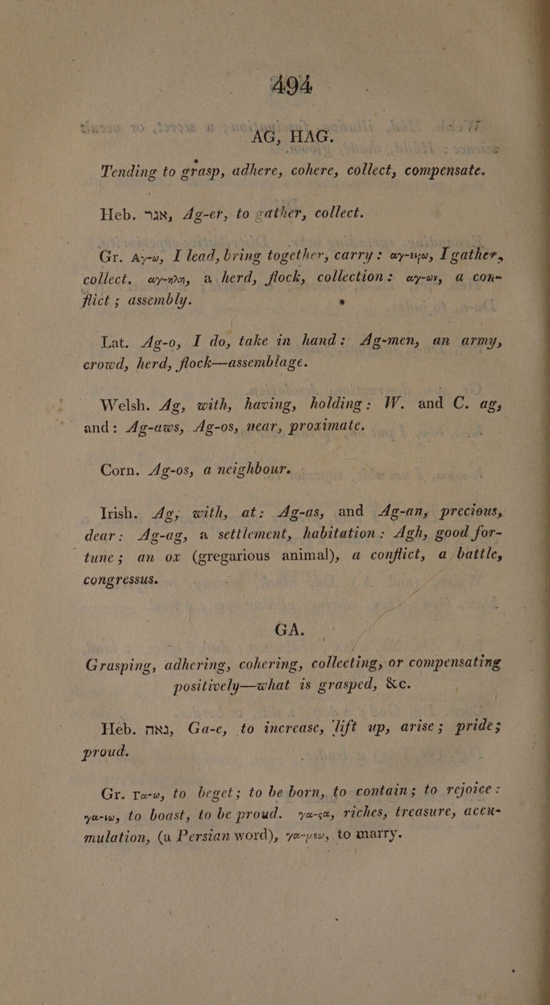 Real Tending to erasp, adhere, Lee ‘olict. conaeniiater ) Heb. 3x, Ag-er, to gather, collect. Gr. ay-v, I lead, bring together, carry: aye, T gather, collect, ay-nan, a herd, flock, collection: ay-w, a con~ flict ; assembly. z ° | Lat. Ag-o, L do, take in hand: Ag-men, an army, crowd, herd, ep iesatcts vi : Welsh. Ag, with, ot, holding : W. and Sh ag, and: Ag-aws, Ag-os, near, proximate. Corn. Ag-os, a neighbour. Irish. Ag, with, at: Ag-as, and Ag-an, precious, dear: Ag-ag, a settlement, habitation: Agh, good for- tune; an ox (gregarious animal), a tts a, battle, CON, TESSUS. : At GA. ! Grasping, aBhentie. cohering, collecting, or compensating voutrieen cane is grasped, &amp;c. Heb. nya, Ga-e, to increase, lift up, arise; pride; proud, Gr. Ta-w, to beget; to be born, to contain; to rejoice : ya-w, to boast, to be proud. vars, riches, treasure, accu- mulation, (a Persian word), ye-yew, to marry.