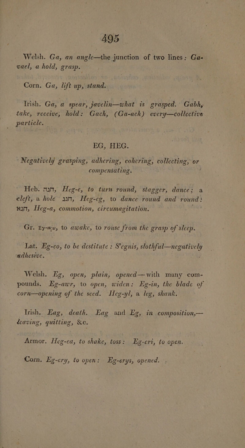 Welsh. Ga, an angle—the junction of two lines: Gas oael, a hold, grasp. Corn. Ga, lift up, stand. Irish. Ga, a spear, javelin—what is grasped. Gabh, take, receive, hold: Gach, (Ga-ach) every—collective particle. EG, HEG. Negatively grasping, adhering, cohering, collecting, or compensating. Heb. man, Heg-e, to turn round, stagger, dance; a cleft, a hole 330, Heg-eg, to dance round and round: nin, I[eg-a, commotion, circumagitation. Gr. Ey-#;w, to awake, to rouse from the grasp of sleep. Lat. Eg-co, to be destitute : Segnis, slothful—negatively adhesive. Welsh. Eg, open, plain, opened—with many com- pounds. He-awr, to open, widen: Ee-in, the blade of corn—opening of the seed. ITeg-yl, a leg, shank. Trish. Eag, death. Eag and Eg, in composition,— deaving, quitting, &amp;c. Armor. Heg-ea, to shake, toss: Eg-eri, to open. Com. Eg-ery, to open: Eg-erys, opened. |