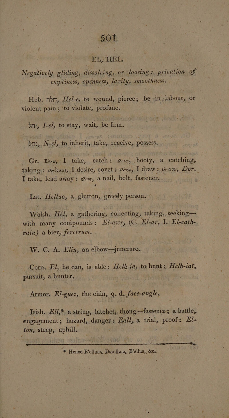 EL, HEL. Neg gatively gliding, hei ale or loosing :. privation of emptiness, “Openness, laxity, smoothness. Heb. “on, Hel-e to wound, pierce; bein» labour, or violent pain ; ‘to violate, pen . tm, I-el, to stay, wait, be reg 5m, N-el, to inherit, take, receive, possess. rer. Ea-w, I take, catch: s-we, booty, a catching, taking : sous, I desire, covet: sn, I draw: e-avw, Dor. I take, lead away : na-0s, a nail, bolt, fastener. Lat. Helluo, a glutton, greedy person.’ Welsh. Hil, a gathering, collecting, taking,, secking— with many compounds: El-awr, (C. El-ar, I. ELeath~ . rain) a Napie feretrum. wW. G A. seas an elbow —juneture ‘Corn. EL he can, is able : Helh- -ia, to hunt: Hellviat, pursuit, a hunter. Armor. nue, the chin, q. d. face-angle. Irish. EUl,* a string, latchet,, thong—fasteners a battle, engagement ; hazard, danger : Fall, a. ne proof: Ee ton, pee sp \ 4 ‘ ‘4 5 : “® Hence Bellum, Dyrellum, B’ellua,, &amp;¢., e