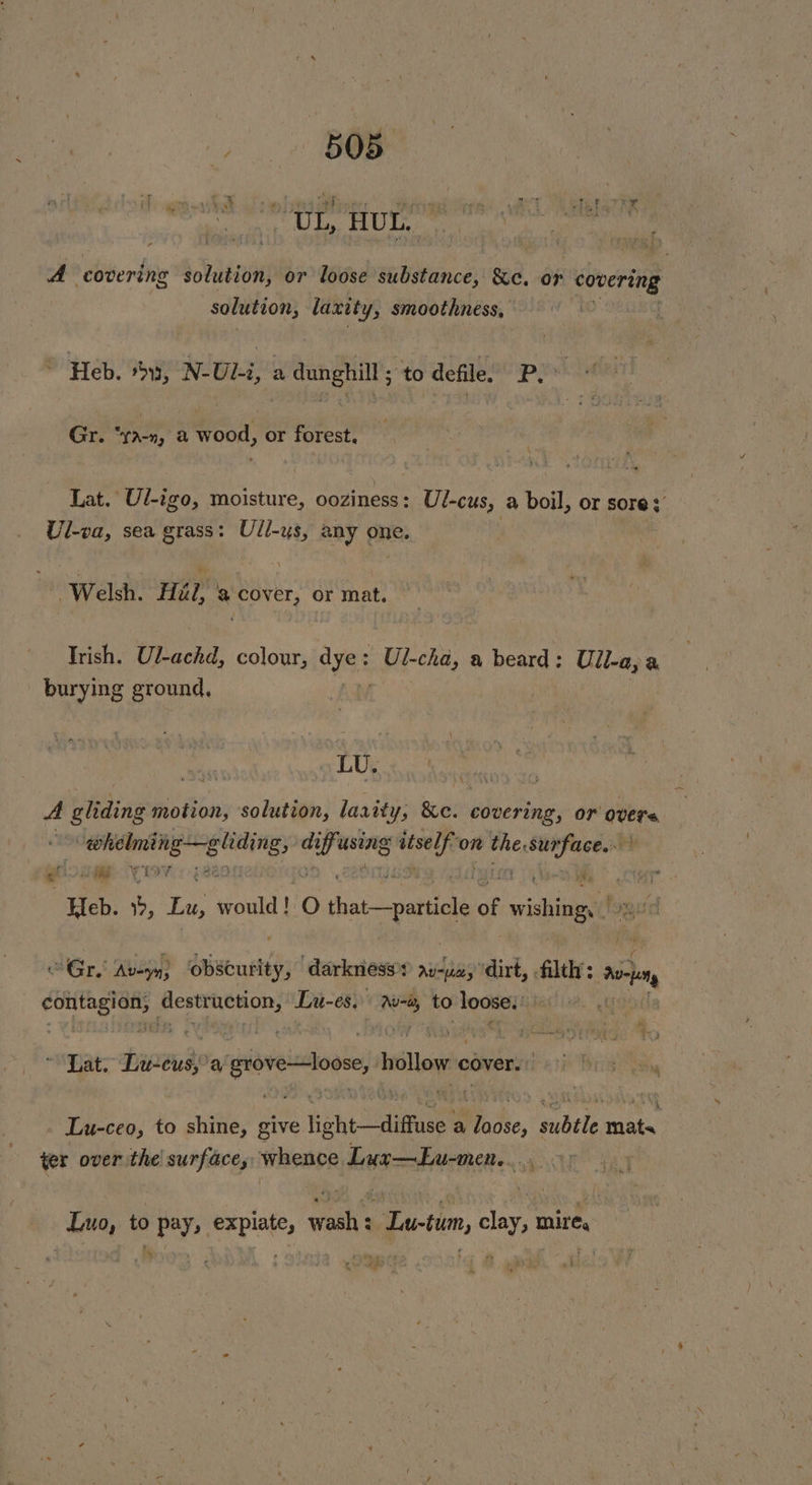 i pa | fag Ld Ee ih fell ahs “i ee ef ai. elets f pa eH Ph Cp Sn abil A covering solution, or loose substance, &amp;c, or covering solution, laxity, smoothness, ed Heb. *53, N-Ul-i, a dunghill; to defile. P.~ Gr. “YA, a wood, or forest. Lat. Ul-igo, moisture, ooziness: Ul-cus, a boil, or sore 3 Ul-va, sea grass: Ull-ys, any one. i Welsh. Hud, % sae or mat. Trish. Ul-achd, colour, dye: : Ubcha, a beard: Uli-a;a burying ground, 2400 » LU, | A gliding motion, ‘solution, lanity, Ke. vovering, or overs sh iit aa yo bhai wih on the, ae eg - - os ‘I é 3 18s : ; Heb. , Lu, would! O ha parle of wishing guid Gr. Avion? btseusty; darkeriewos Av-e, ‘dirt, ieee an aries et destruction, Lu-es. ru~a to loose. | Dat. Linens: a grove loose, tesla cia | Lu-ceo, to shine, give light—diffuse a loose, subtle mats ¢er over the surface, whence Luxr—Lu-men.... r Luo, to pay, expiate, wash: Lu-tum, clay, mire, oy