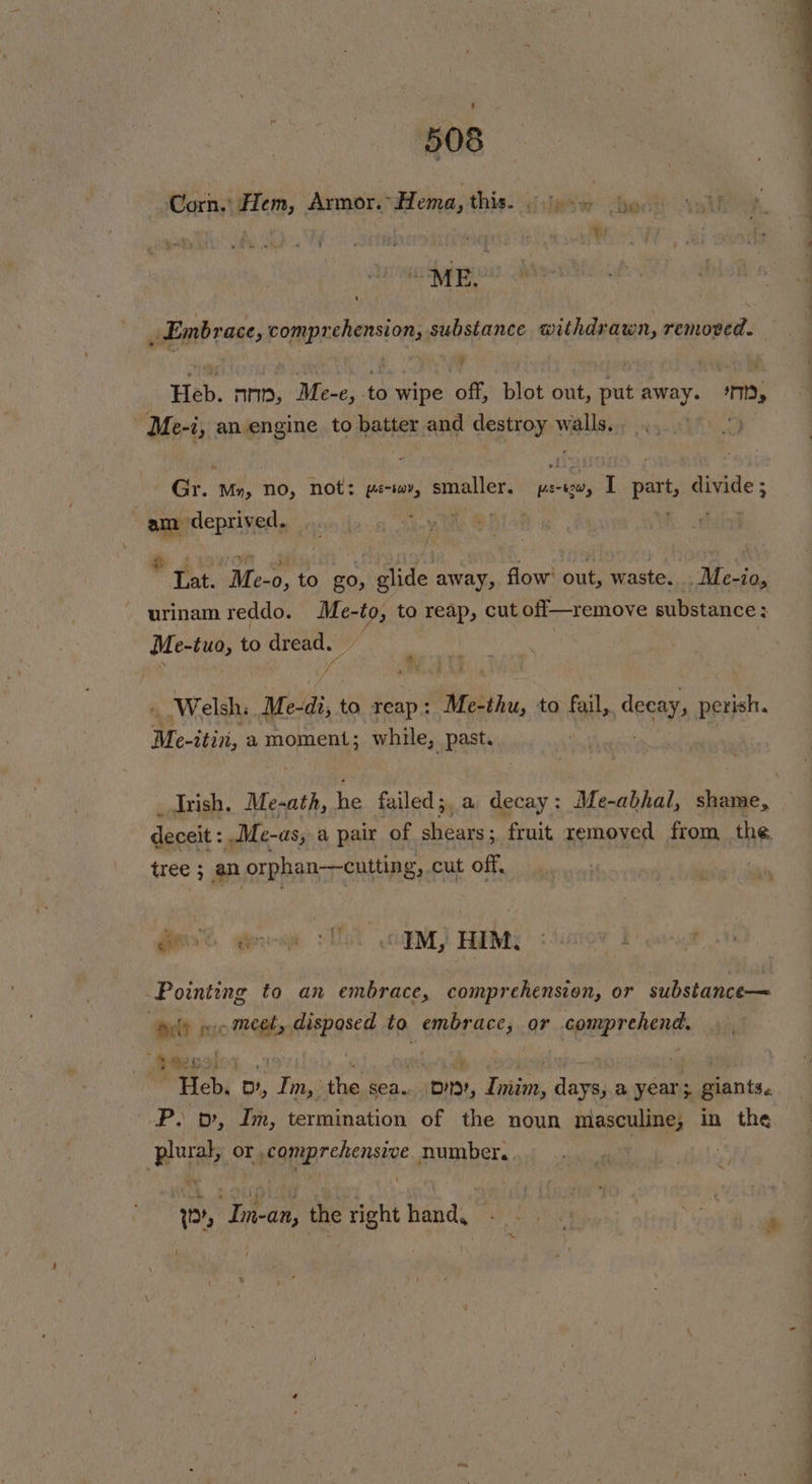 Corn. Hem, Armor.Hema, this. (:jpo% ho MER” ow : _ Embrace, comprehension; substance withdrawn, removed. Heb. nnn, Me-e, to wipe off, blot out, put away. TT, “Me-i, an engine to batter and destroy walls. i Gr. Mo, no, not: pew, smaller. pe-ww, I part, divide; : am ‘deprived. — Lat. Mer to go, glide away, flow’ out, waste. .Me-io, urinam reddo. Me-to, to reap, cut ofl—remove substance: Me-tua, to dread. Welsh. Me-di, to reap: Me-ti, to ean decay, perish. Me-itin, a moment; while, past. ? Trish. Me-ath, he failed;, a decay: Me-abhal, shame, deceit :, Me-as, a pair of shears ; fruit removed from the tree ; an orphan—cutting, cut off, j Pointing to an embrace, comprehension, or substance— “pelt pro meet, disposed to embrace, or comprehend. “Heeesl : ee 15 ne, ; , Heb, 0, Im, the sea. DD, i, dear, days, a year; > giants. P. 0, Im, termination of the noun masculine, in the plural, or, comprehensive , number. . \ ‘qo, In-an, the right hand. '
