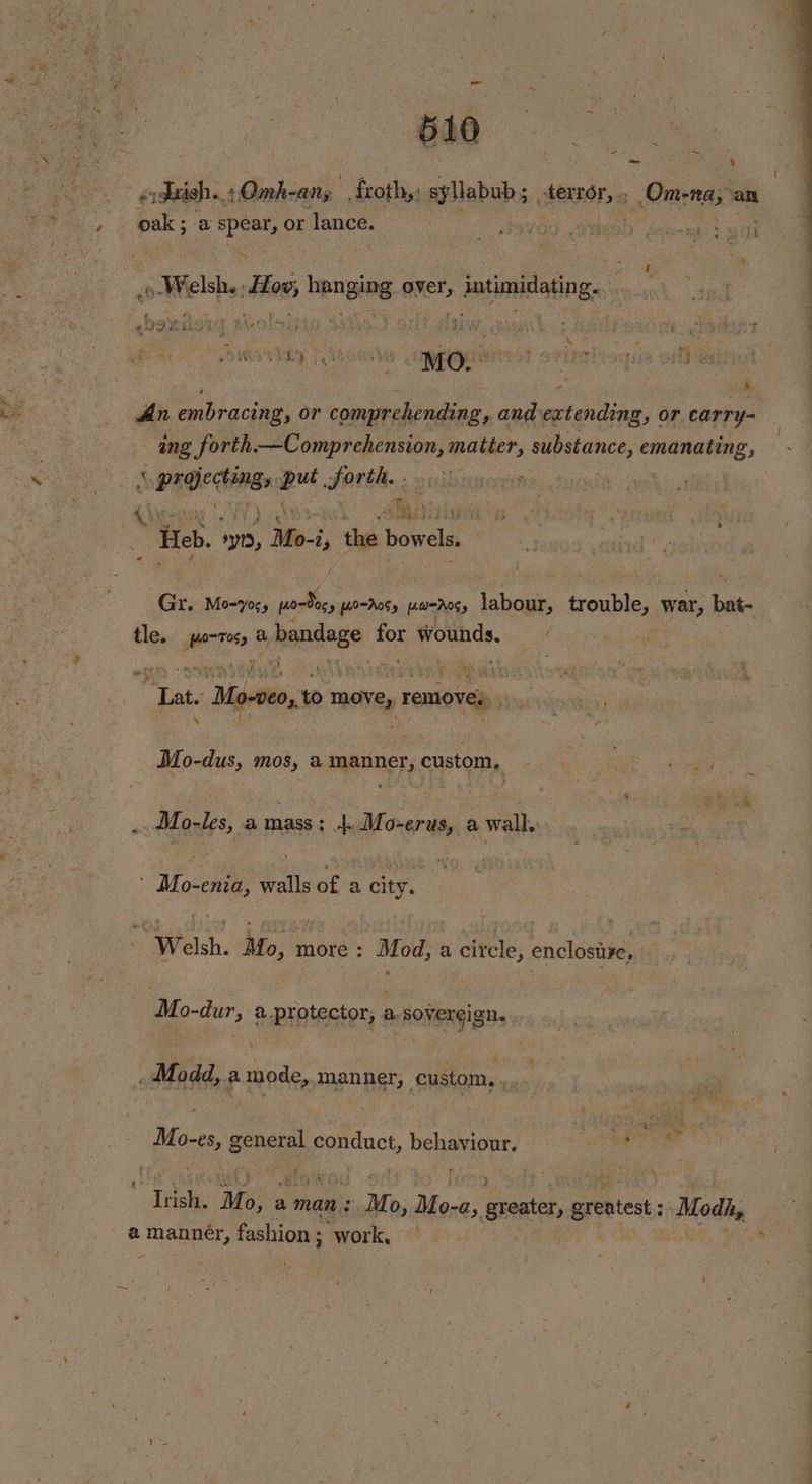 oak ; a spear, or lance. | VOD. Ste ded~na $c cb «Welsh. hos hanging over, intimidating... ' a * wa - eo , a ’ ing forth —Comprehension, matter, substance, emanating, ‘ oo apn JFOrth....ocibowovt Maiuion rx ® Heb. +903, Mo-i, the bowels. i ile. | inde a, bandage for wounds, ane Lake ‘Megeitin: to move, removes, % it 4 ” : ¥ Mo-dus, mos, amanner,custom, Fae Mo-les, a mass; |. Mo-erus, a wall. i | Mo-enia, walls of a city. Welsh. Mo, more: Mod, a circle, enclosive, Mo-dur, a.protector, a.sovereign. . Modd, f mode, PEDDRS SHOTS ae Picts ae conduct, at called Pree deal Mo, : a man : soit, Mora, ate, greatest Modh, # manner, fashion ; work, ’