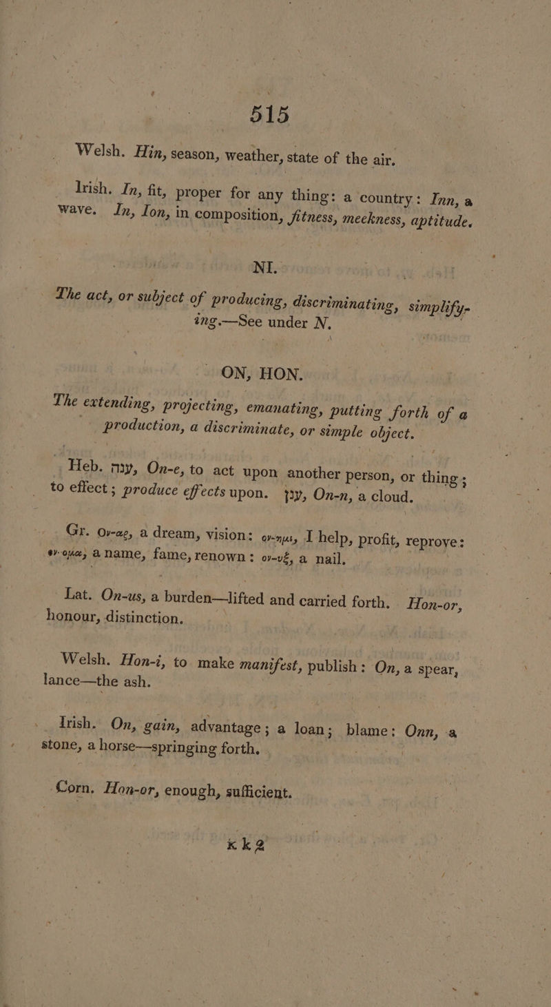 Welsh. Hin, season, weather, state of the air. Irish. In, fit, proper for any thing: a country: Inn, a wave. In, Ion, in composition, jitness, meekness, aptitude. NE. Lhe act, or subject of producing, discriminating, simplify ing.—See under N, | AM ON, HON. The extending, projecting, emanating, putting forth of a production, a discriminate, or simple object. ‘ Heb. my, On-e, to act upon another person, or thing ; to effect ; produce effects upon. j3y, On-n, a cloud. Gr. Ov-ag, a dream, vision: ov-nuty 1 help, profit, reprove: ‘40, aname, fame, renown: o-vé, a nail, _ Lat. On-us, a burden—lifted and carried forth. Hon-or, honour, distinction. Welsh. Hon-i, to make manifest, publish : On, a spear, lance—the ash. | ae ay | Irish. On, gain, advantage ; a loan ; blame: Onn, -a stone, a horse—springing forth. Corn. Hon-or, enough, sufficient. kk 2