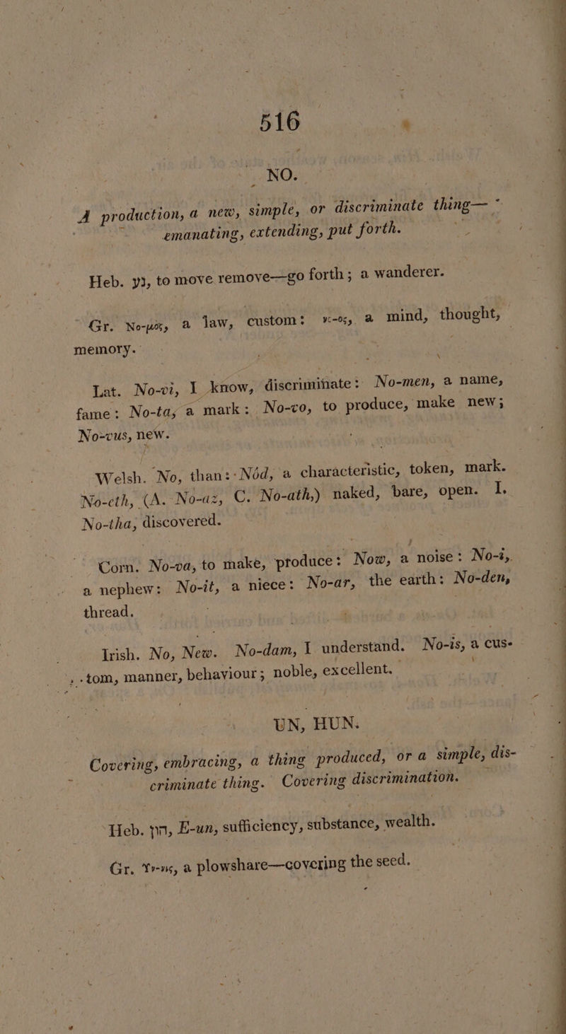 “ NO. A production, a new, simple, or discriminate thing— - emanating, extending, put forth. gph 9 Heb. y}, to move remove-—go forth ; a wanderer. ~ Gr. No-wx, a law, custom: -%, 4 mind, thought, \ memory. Lat. No-vi, I know, discriminate : No-men, a name, fame: No-tay a mark: No-co, to produce, make new; No-=vus, new. Welsh. No, than:: Nod, a characteristic, token, mark. No-cth, (A. No-az, C. No-ath,) naked, bare, open. as No-tha, discovered. Corn. No-va, to make, produce: Now, a noise: No-%, a nephew: No-it, a niece: No-ar, the earth: No-den, thread. Irish. No, New. No-dam, I understand. No-is, a cuss tom, manner, behaviour ; noble, excellent. UN, HUN. a thing produced, ora simple, dis- Covering, embracing, ~ Covering discrimination. criminate thing. Heb. pn, E-un, sufficiency, substance, wealth. Gr, ‘rns, a plowshare—covering the seed. * - - * 2 ‘ a Sos a *