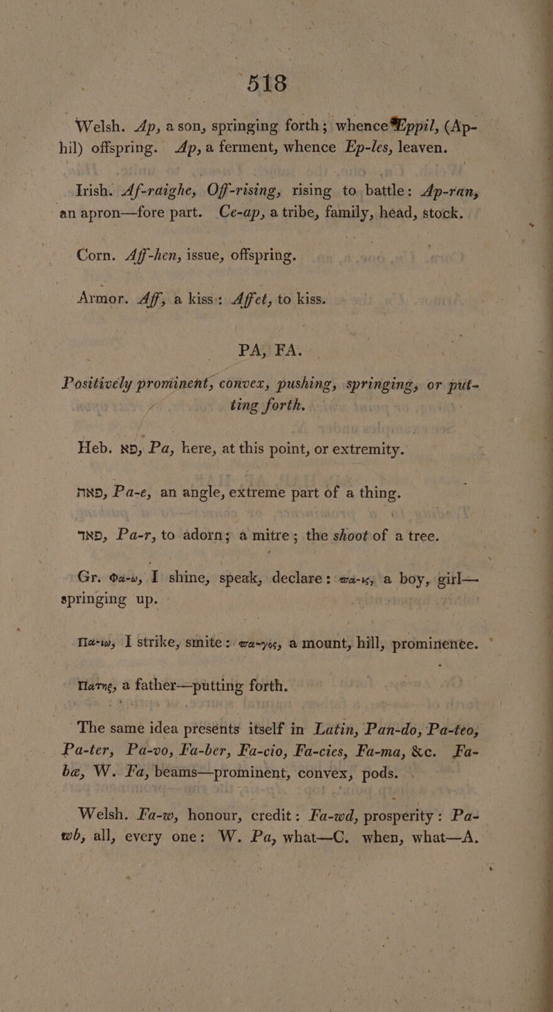 51S Welsh. Ap, ason, springing forth; whence €ppil, (Ap- | hil) offspring. Ap, a ferment, whence Ep-les, leaven. Irish. Af-raighe, Of-rising, rising to battle: Ap-ran, an apron—fore part. Ce-ap, a tribe, family, head, stock. Corn. Aff-hen, issue, offspring. Armor. Aff, a kiss: Affet, to kiss. Is FA. Positively prominent, conver, pushing, springing, or put= 7 ting forth. Heb. ND, Pa, kere, at this point, or extremity. mp, Pa-e, an angle, extreme part of a thing. axp, Pa-r, to adorn; a ai: the shoot of a tree. Gr. oa-v, I an, speak, declare : wa-ic; a boy, girl— springing up. TA Me-w, I strike, smite: ea~yos, a mount, hill, prominence. Tate, a father—putting forth. The same idea presents itself in Latin, Pan-do, Pa-teo, _ Pa-ter, Pa-vo, Fa-ber, Fa-cio, Fa-cies, Fa-ma, &amp;c. Fa- ba, W. Fa, beams—prominent, convex, pods. Welsh. Fa-w, honour, credit: Fa-wd, prosperity : Pa- wh, all, every one: W. Pa, what—C. when, what—A.