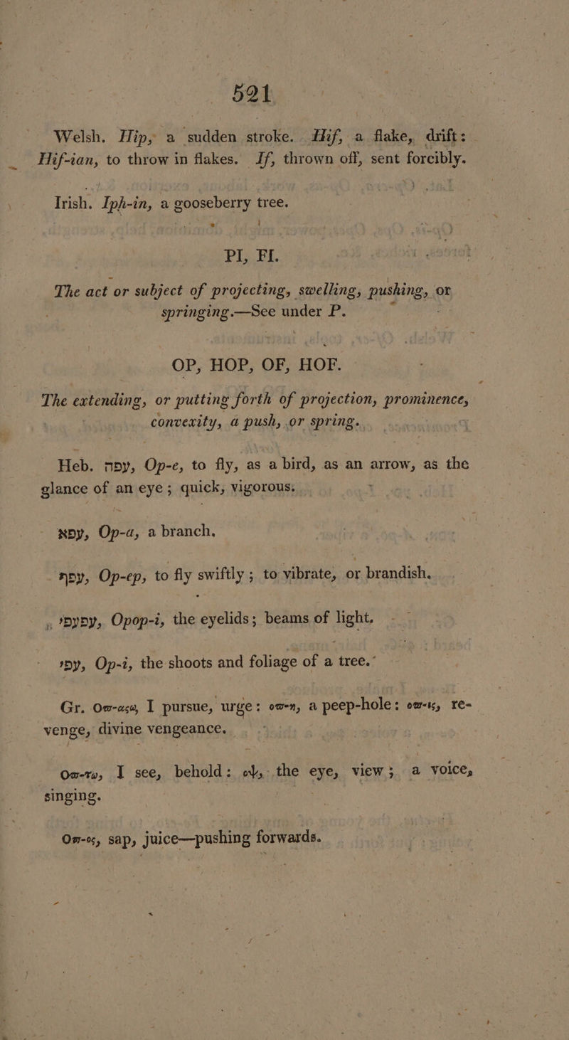 Welsh. Hip, a ‘sudden stroke. if, a flake, drift : Hif-ian, to throw in flakes. Jf, thrown off, sent forcibly. Irish. Iph-in, a gooseberry tree. i ee SB The act or subject of projecting, swelling, pushing, or springing.—See under P. . : OP, HOP, OF, HOF. The extending, or putting forth of projection, prominence, | convenity, a push, or spring. Heb. npy, Op-e, to fly, as a bird, as an arrow, as the glance of an eye ; quick, vigorous, OSDY, a a branch, mpy, Op-ep, to fly swiftly ; to vibrate, or brandish. , DYDy, Opop-i, ine aun beams of light. Dy, Op-t, the shoots and foliage of : tree. ° Gr. On-asu, I pursue, urge: omn, a ait ry) emis, YC- venge, divine vengeance, Ow-rv, I see, behold: of, the eye, view; a Voice, singing. AN On-0, sap, juice—pushing forwards.