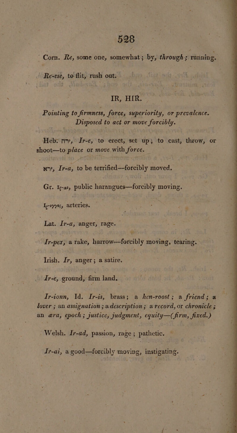 Corn. Re, some one, somewhat ; by, through 3 running. - Re-ese, to flit, rush out. IR, HIR. | Pointing to firmness, force, superiority, or prevalence. Disposed to act or move forcibly. Heb. my, Ir-e, to erect, set up; to cast, throw, or shoot—to place or move with force. _ Pm — ae Ps ry, I pay. to be terrified—forcibly moved. Gr. Ie-at, public harangues—forcibly moving. I,-ryyss, arteries. Hae! Lat. Ir-a, anger, rage. Me? Ir-pex, a rake, harrow—forcibly moving, tearing. ¢ Irish. Ir, anger; a satire. Ir-e, ground, firm land. Ir-ionn, Id. Ir-is, brass; a hen-roost; a friend; a lover ; an assignation ; adescription ; a record, or chronicle ; an @ra, epoch; justice, judgment, equity—(firm, fixed.) Welsh. Ir-ad, passion, rage ; pathetic. — Jr-ai, a good—tforcibly moving, | instigating. | ¢