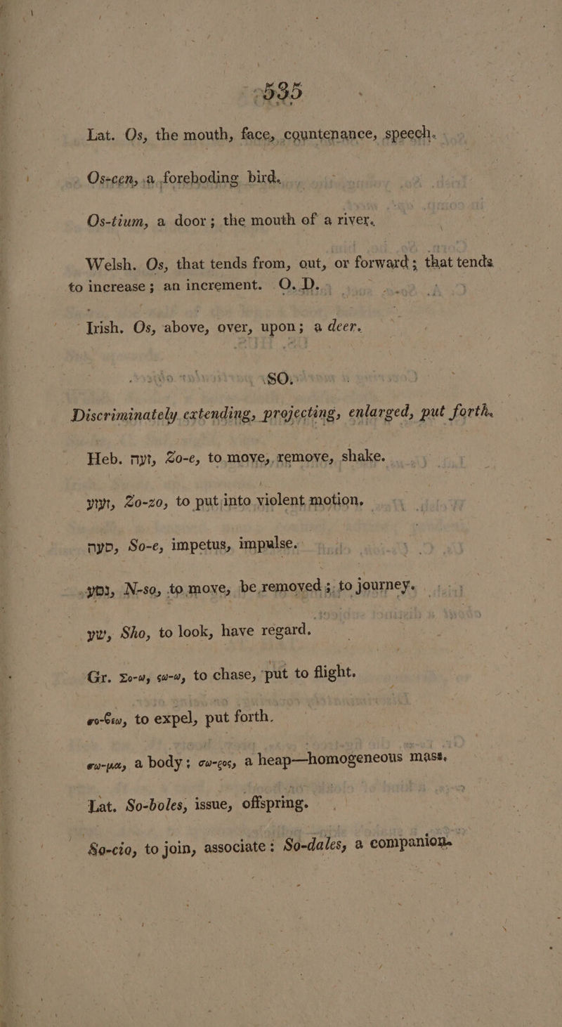 . Os-cen, ,a foreboding bird. Os-tium, a door; the mouth of a river. \ Welsh. Os, that tends from, out, or forward ; that tends to increase; an increment. O..D. » ; acide Os, anate over, upon; a deer. SO. Discriminately. extending, pryecting, enlarged, put forth Mich. myt, &lt;o-e, to moye,, remove, shake. | yiyt, Zo-z0, to putinto viplent motion, — myp, So-e, impetus, impulse. | yd, N-so, ip Move, be remove d 3, $0 jour Ns : yw, Sho, to look, have Le ele : Gr. S0-w, sw-w, to chase, ‘put to flight. @o-bew, tO expel, put forth. akon a cok sik a heap—homogeneous mast, Lat. So-boles, issue, offspring. ‘So-cio, ms join, associate : So-dales, a companion. *