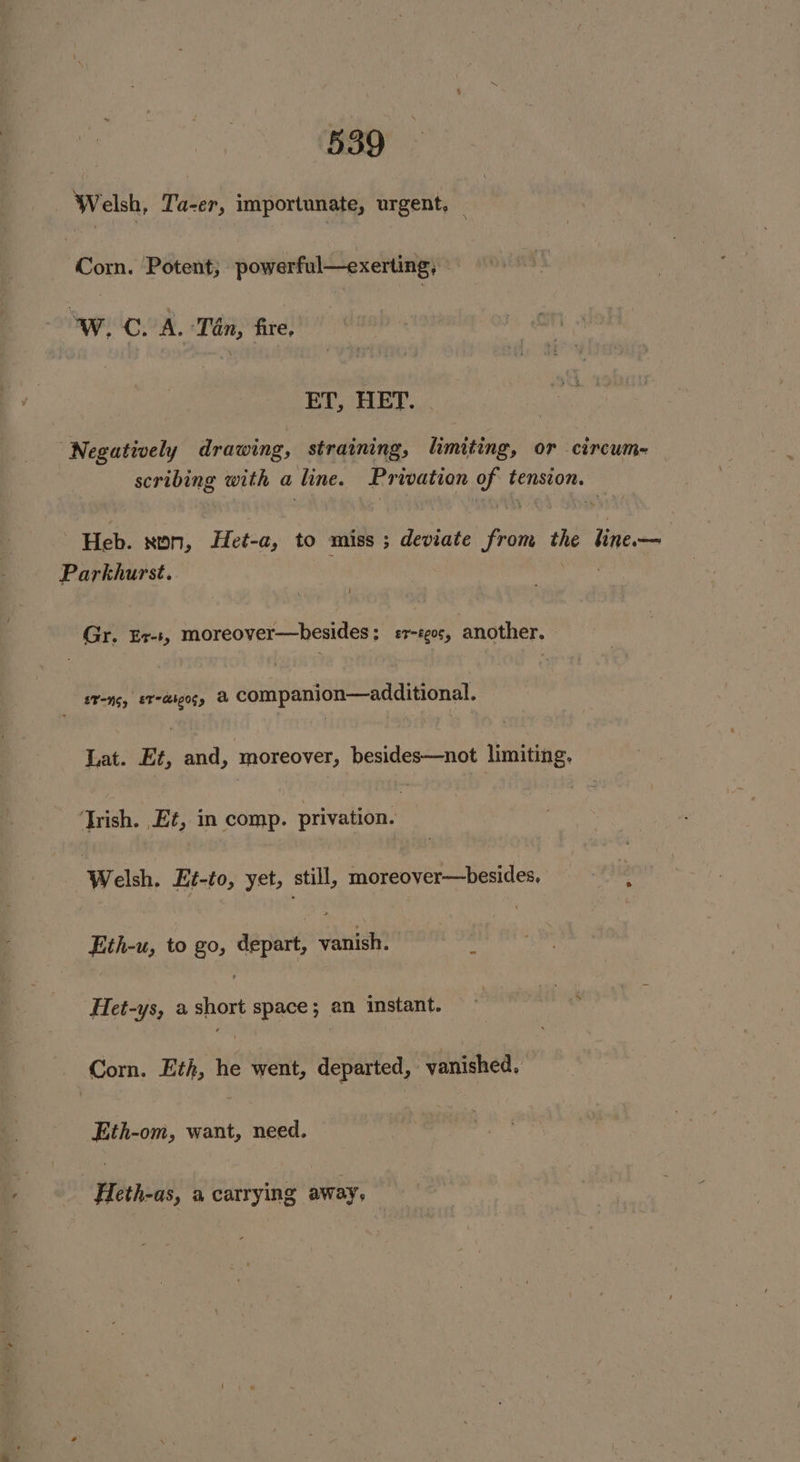 7 Welsh, Ta-er, importunate, urgent. — Corn. Potent; powerful—exerting, Wwe CoA. Ten, fire, ET, HET. “Negatively drawing, straining, limiting, or circum- scribing with a line. Privation of tension. Heb. non, Het-a, to miss; deviate from the line— Parkhurst. | Gr. Er-t, moreover—besides ; er-seos, another. - eT-nc, errcigos, a companion—additional. Lat. Et, and, moreover, besides—not limiting. ‘Trish. Et, in comp. aavenans . ‘Welsh. Et-to, yet, still, moreover—besides. Eth-u, to go, depart, hnin? HTet-ys, aahod space; an instant. — lids Corn. Eth, He went, departed, vanished, Eth-om, want, need. Heth-as, a carrying away,