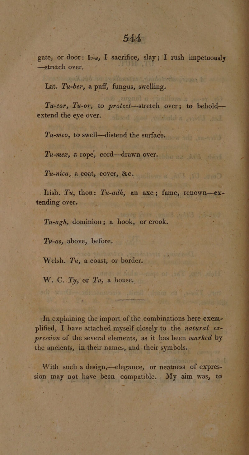 Bad gate, or door: ae I pacnAce slay ; I rush impetuously —stretch over. : % - “Tat Tuber, a puff, one selling. Tu-cor, Tu-or, to protect—stretch over 3 to pew il extend the eye over. | ree  4 ; . - *; m c Tu-meo, to swell—distend the surface. __ - ey ‘ ie 7 ‘ Pia : #4; . Tu-mex, a rope, cord—drawn over... >> Tu-nica, a coat, cover, &amp;c.. Trish. Tu, thou: Tu-adh, an axe; fame, renown—ex- tending over. ‘ es Tu-agh, dominion; a hook, or crook. Tu-as, above, before. — Welsh. Tu, a coast, or border. - : : ae i W. C..Ty, or Tu, 2 house. ~ In explaining the import of the combinations here exem-_ plified, I have attached myself closely to the natural ex- pression of the several elements, as it has been marked by the ancients, in their names, and their symbols. , With such a design,—elegance, or neatness of expres- sion may not have been ‘compatible. My aim was, to- =
