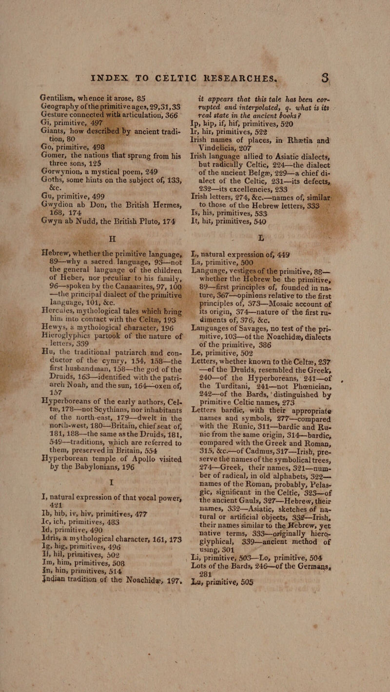 Gentilism, whence it arose, 85 Geography of the primitive ages, 29,31, 33 Gesture-connec articulation, 366 Gi, primitive, 4 Giants, how tion, 80 Go, primitive, 498 Gomer, the nations that sprung from his three sons, 125 Gorwynion, a mystical poem, 249 Goths, some hints on the subject of, 133, &amp;c. Gu, primitive, 499 Gwydion ab Don, the British Hermes, 168, 174 Gwyn ab Nudd, the British Pluto, 174 Dy ancient tradi- H Hebrew, whether the primitive language, 89—why a sacred. language, 93—not the general language of the children of Heber, nor peculiar to his family, peal RE. language, 101, &amp;c. ae Hercules, mythological tales w! him mto contact with the Celi ra ay Hu, the traditional patriarch and con- ductor of the cymry, 154, 158—the first husbandman, 158—the god of the Druids, 163— identified with the patri- arch Noah, and the sun, 164—oxen of, 157 Hyperboreans of the early authors, Cel- te, 178—not Scythians, nor inhabitants of the north-east, 179—dwelt in the north-west, 180—Britain, chief seat of, 181, 188—the same asthe Druids, 181, 549—traditions, which are referred to them, preserved in Britain, 554 Hyperborean temple of Apollo visited by the Babylonians, 196 | mi I, natural expression of that vocal power, 421 ; Ib, hib, iv, hiv, primitives, 477 Ic, ich, primitives, 483 Id, primitive, 490 ddris, a mythological character, 161, 173 Ig, hig,. primitives, 496 H}, hil, primitives, 502 Im, him, primitives, 508 Jn, hin, primitives, 514 Jndian tradition of the Noachide, 197, 3, it appears that this tale has been cor- rupted and interpolated, g. what is its real state in the ancient books ? Ip, hip, if, hif, primitives, 520 Ir, hir, primitives, 522 Irish names of places, in Rhetia and Vindelicia, 207 Trish language allied to Asiatic dialects, but radically Celtic, 224—the dialect of the ancient Belge, 229—a chief di- alect of the Celtic, 231—its defects, 232—its excellencies, 233 Sue ai Trish letters, 274, &amp;c.—names of, sit to those of the Hebrew letters, 33 Is, his, primitives, 533 a It, hit, primitives, 540 L L, natural expression of, 449 La, primitive, 500 | Language, vestiges of the primitive, 88— whether the Hebrew be the primitive, 89—first principles of, founded in na- _ ture, 367—opinions relative to the first principles of, 373—Mosaic account of ~ diments of, 376, &amp;c. Languages of Savages, no test of the pri- mitive, 103—of the Noachida, dialects of the primitive, 386 Le, primitive, 502 Letters, whether known to the Celte, 237 —of the Druids, resembled the Greek, 240—of the Hyperboreans, 241—of the Turditani, 241—not Pheenician, 242—of the Bards, ‘distinguished by primitive Celtic names, 273 ~ Letters bardic, with their appropriate names and symbols, 277—compared with the Runic, 311—bardic and Ru- nic from the same origin, 314—bardic, compared with the Greek and Roman, 315, &amp;c.—of Cadmus, 317—Irish, pre- serve the names of the symbolical trees, 274—Greek, their names, 321—num- ber of radical, in old alphabets, 322— names of the Roman, probably, Pelas- gic, significant in the Celtic, 323—of the ancient Gauls, 327—Hebrew, their names, 332—Asiatic, sketches of na- tural or artificial objects, 332—Irish, their names similar to the Hebrew, yet native terms, 333—originally hiero- glyphical, 339—ancient method of using, 301 age _ Li, primitive, 503—Lo, primitive, 504 Lots of the Bards, 246—of the Germans, 281 Lu, primitive, 505