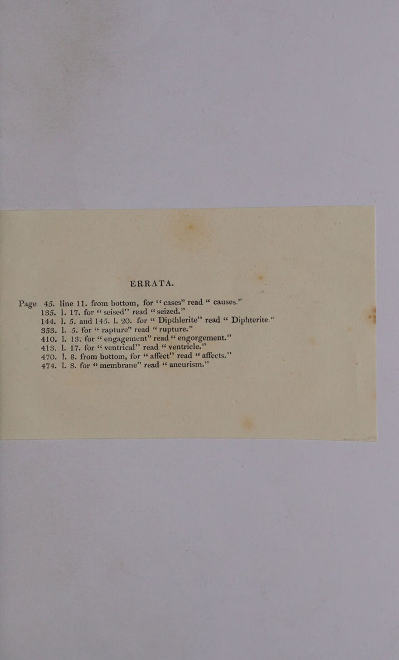 ERRATA. Page 45. line 11. from bottom, for ‘‘ cases” read “ causes.” 135. 1. 17. for ‘seised”’ read “ seized.” 144, 1. 5. and 145. |. 20. for “ Dipthlerite’’ read * Diphterite.” 353. 1. 5. for “ rapture” read “ rupture.” 410. 1. 13. for “‘ engagement” read “ engorgement.” 413. 1. 17. for *‘ ventrical”’ read * ventricle.” 470. 1. 8. from bottom, for “ affect” read “ affects.”