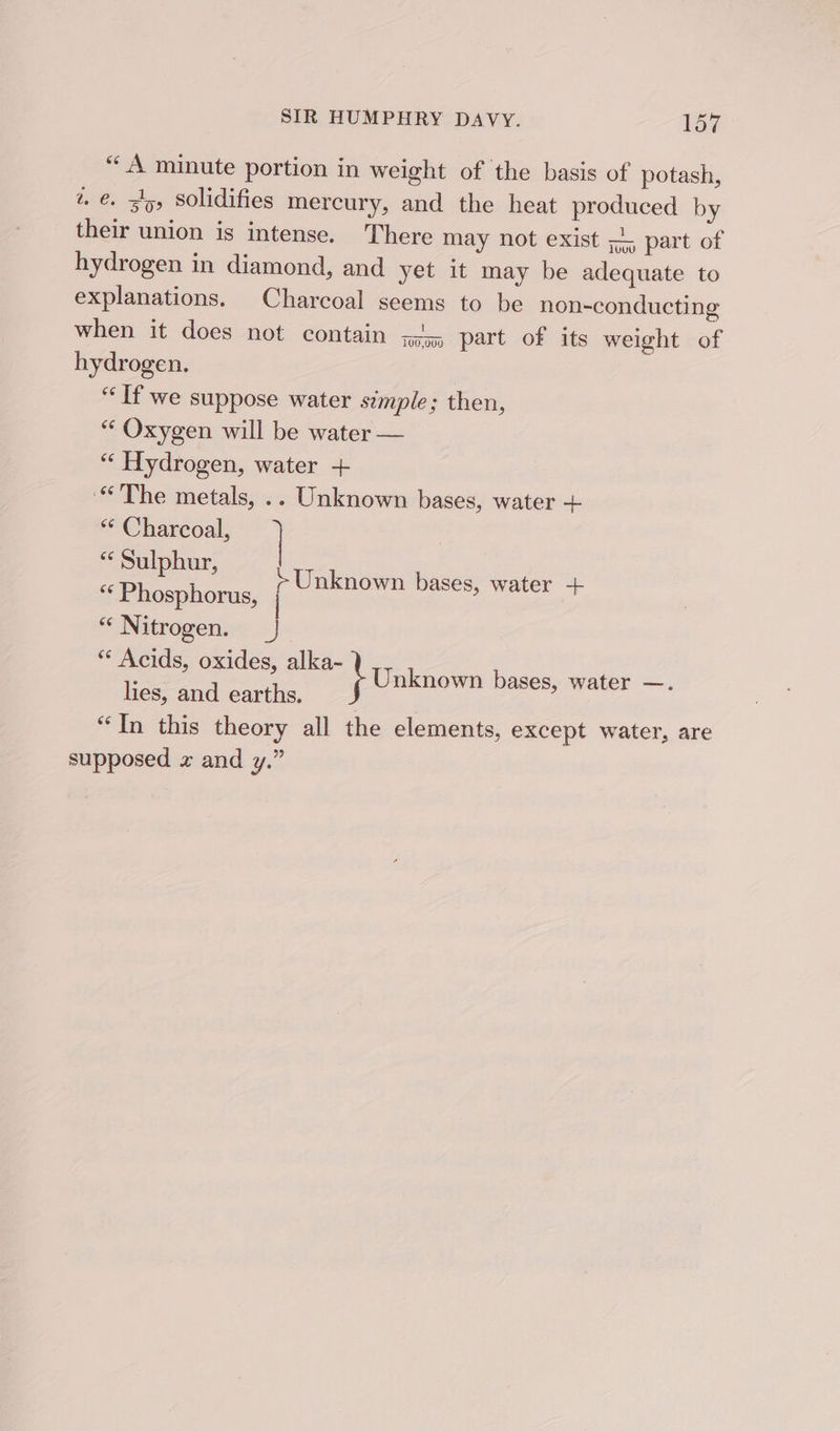 “A minute portion in weight of the basis of potash, t. €. s!5, solidifies mercury, and the heat produced by their union is intense. There may not exist &gt;, part of hydrogen in diamond, and yet it may be adequate to explanations. Charcoal seems to be non-conducting when it does not contain a part of its weight of hydrogen. | “If we suppose water simple; then, “ Oxygen will be water — “‘ Hydrogen, water + The metals, .. Unknown bases, water + “© Charcoal, (14 io ee eae bases, water + “Nitrogen. | “ Acids, oxides, alka- hes, and earths. “In this theory all the elements, except water, are supposed x and y.” } Unknown bases, water —.