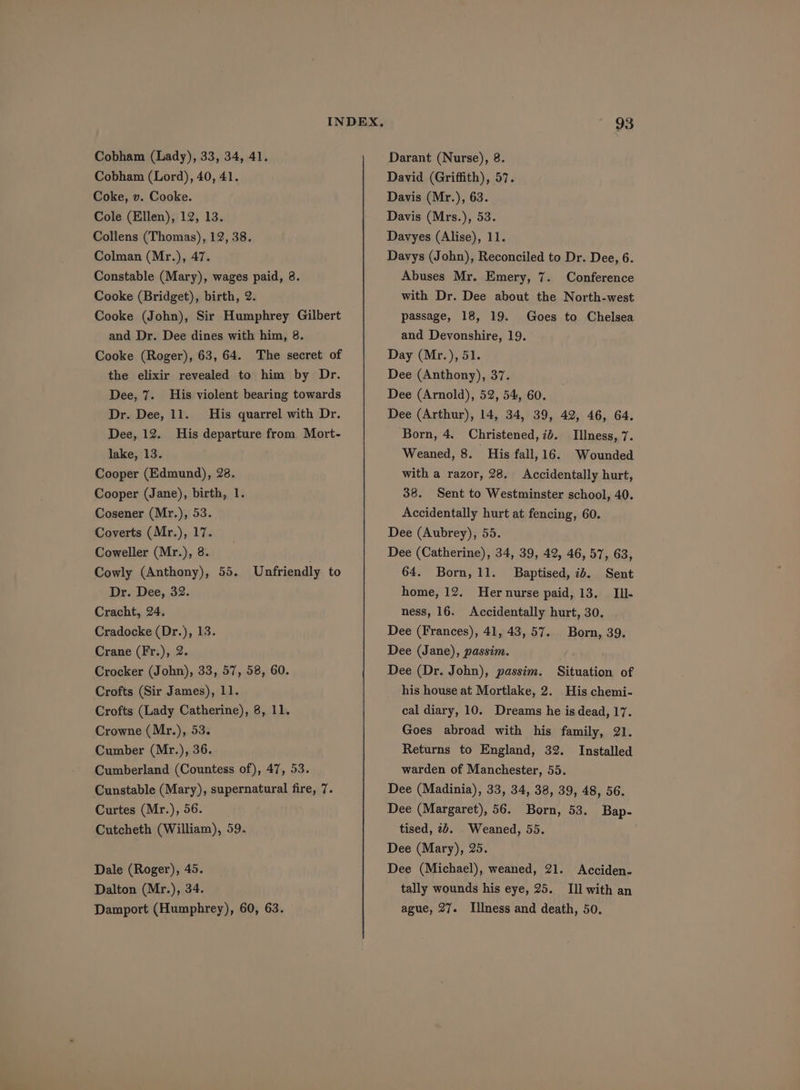 Cobham (Lord), 40, 41. Coke, v. Cooke. Cole (Ellen), 12, 13. Collens (Thomas), 12, 38. Colman (Mr.), 47. Constable (Mary), wages paid, 8. Cooke (Bridget), birth, 2. Cooke (John), Sir Humphrey Gilbert and Dr. Dee dines with him, 8. Cooke (Roger), 63, 64. The secret of the elixir revealed to him by Dr. Dee, 7. His violent bearing towards Dr. Dee, 11. His quarrel with Dr. Dee, 12. His departure from Mort- lake, 13. Cooper (Edmund), 28. Cooper (Jane), birth, 1. Cosener (Mr.), 53. Coverts (Mr.), 17. Coweller (Mr.), 8. . Cowly (Anthony), 55. Unfriendly to Dr. Dee, 32. Cracht, 24. Cradocke (Dr.), 13. Crane (Fr.), 2. Crocker (John), 33, 57, 58, 60. Crofts (Sir James), 11. Crofts (Lady Catherine), 8, 11. Crowne (Mr.), 53. Cumber (Mr.), 36. Cumberland (Countess of), 47, 53. Cunstable (Mary), supernatural fire, 7. Curtes (Mr.), 56. Cutcheth (William), 59. Dale (Roger), 45. Dalton (Mr.), 34. Damport (Humphrey), 60, 63. 93 David (Griffith), 57. Davis (Mr.), 63. Davis (Mrs.), 53. Davyes (Alise), 11. Davys (John), Reconciled to Dr. Dee, 6. Abuses Mr. Emery, 7. Conference with Dr. Dee about the North-west passage, 18, 19. Goes to Chelsea and Devonshire, 19. Day (Mr.), 51. Dee (Anthony), 37. Dee (Arnold), 52, 54, 60. Dee (Arthur), 14, 34, 39, 42, 46, 64. Born, 4. Christened, id. Illness, 7. Weaned, 8. His fall, 16. Wounded with a razor, 28. Accidentally hurt, 38. Sent to Westminster school, 40. Accidentally hurt at fencing, 60. Dee (Aubrey), 55. Dee (Catherine), 34, 39, 42, 46, 57, 63, 64. Born, 11. Baptised, 7b. Sent home, 12. Her nurse paid, 13. IIl- ness, 16. Accidentally hurt, 30. Dee (Frances), 41, 43, 57. Born, 39. Dee (Jane), passim. Dee (Dr. John), passim. Situation of his house at Mortlake, 2. His chemi- cal diary, 10. Dreams he is dead, 17. Goes abroad with his family, 21. Returns to England, 32. Installed warden of Manchester, 55. Dee (Madinia), 33, 34, 38, 39, 48, 56. Dee (Margaret), 56. Born, 53. Bap- tised, 2d. _Weaned, 55. Dee (Mary), 25. Dee (Michael), weaned, 21. Acciden. tally wounds his eye, 25. Ill with an ague, 27. Illness and death, 50.