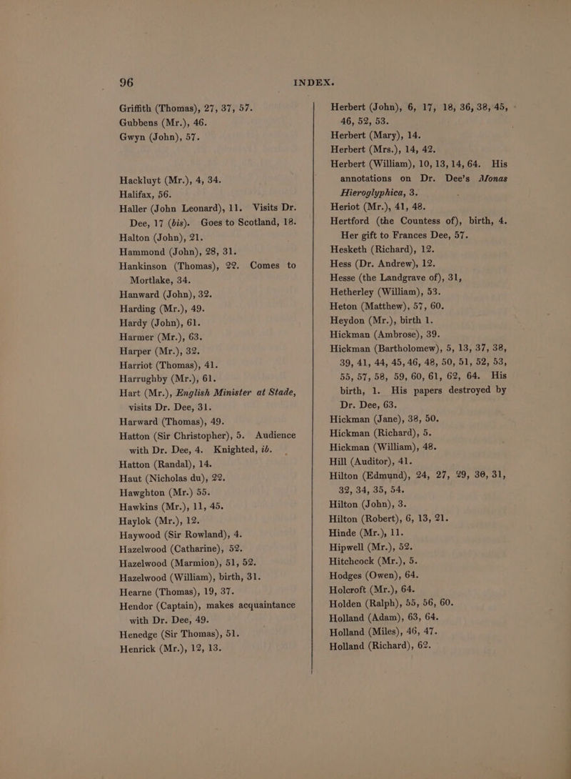 Gubbens (Mr.), 46. Gwyn (John), 57. Hackluyt (Mr.), 4, 34. Halifax, 56. Haller (John Leonard), 11. Visits Dr. Dee, 17 (dis). Goes to Scotland, 18. Halton (John), 21. Hammond (John), 28, 31. Hankinson (Thomas), 22. Comes to Mortlake, 34. Hanward (John), 32. Harding (Mr.), 49. Hardy (John), 61. Harmer (Mr.), 63. Harper (Mr.), 32. Harriot (Thomas), 41. Harrughby (Mr.), 61. Hart (Mr.), English Minister at Stade, visits Dr. Dee, 31. Harward (Thomas), 49. Hatton (Sir Christopher), 5. Audience with Dr. Dee, 4. Knighted, 7d. Hatton (Randal), 14. Haut (Nicholas du), 22. Hawghton (Mr.) 55. Hawkins (Mr.), 11, 45. Haylok (Mr.), 12. Haywood (Sir Rowland), 4. Hazelwood (Catharine), 52. Hazelwood (Marmion), 51, 52. Hazelwood (William), birth, 31. Hearne (Thomas), 19, 37. Hendor (Captain), makes acquaintance with Dr. Dee, 49. Henedge (Sir Thomas), 51. Henrick (Mr.), 12, 13. 46, 52, 53. Herbert (Mary), 14. Herbert (Mrs.), 14, 42. Herbert (William), 10, 13,14,64. His annotations on Dr. Dee’s J/onas Hieroglyphica, 3. Heriot (Mr.), 41, 48. Hertford (the Countess of), birth, 4. Her gift to Frances Dee, 57. Hesketh (Richard), 12. Hess (Dr. Andrew), 12. Hesse (the Landgrave of), 31, Hetherley (William), 53. Heton (Matthew), 57, 60. Heydon (Mr.), birth 1. Hickman (Ambrose), 39. Hickman (Bartholomew), 5, 13, 37, 38, 39, 41, 44, 45, 46, 48, 50, 51, 52, 53, 55, 57, 68, 59, 60, 61, 62, 64. His birth, 1. His papers destroyed by Dr. Dee, 63. Hickman (Jane), 38, 50. Hickman (Richard), 5. Hickman (William), 48. Hill (Auditor), 41. Hilton (Edmund), 24, 27, 29, 30, 31, 32, 34, 35, 54. Hilton (John), 3. Hilton (Robert), 6, 13, 21. Hinde (Mr.), 11. Hipwell (Mr.), 52. Hitchcock (Mr.), 5. Hodges (Owen), 64. Holcroft (Mr.), 64. Holden (Ralph), 55, 56, 60. Holland (Adam), 63, 64. Holland (Miles), 46, 47. Holland (Richard), 62.