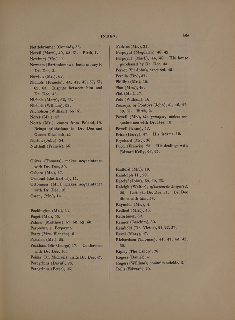 Nettlebronner (Conrad), 35. Nevell (Mary), 40, 53,61. Birth, 1. Newbury (Mr.) 17. Newsam (Bartholomew), lends money to Dr. Dee, 3. Newton (Mr.), 62. Nichols (Francis), 44, 47, 49, 57, 61, 62, 63. Dispute between him and Dr. Dee, 48. Nichols (Mary), 62, 63. Nichols (William), 63. Nicholson (William), 55, 61. Nores (Mr.), 47. North (Mr.), comes from Poland, 19. Brings salutations to Dr. Dee and Queen Elizabeth, 2. Norton (John), 54. Nutthall (Francis), 56. Oliver (Thomas), makes acquaintance with Dr. Dee, 39. Osborn (Mr.), 17. Osmond (the Earl of), 17. Ottomeen (Mr.), makes acquaintance with Dr. Dee, 18. Owen, (Mr.), 14. | Packington (Mr.), 11. Paget (Mr.), 55. Palmer (Matthew), 57, 58, 59, 60. Parpoynt, v. Perpoynt. Parry (Mrs. Blanche), 6. Partrich (Mr.), 52. Peckham (Sir George) 17. Conference with Dr. Dee, 16. Peiser (Dr. Michael), visits Dr. Dee, 47. Peregrinus (David), 26. Peregrinus (Peter), 26. Perkins (Mr.), 31. Perpoynt (Magdalen), 46, 49. Perpoynt (Mark), 44, 46. His house purchased by Dr. Dee, 45. Perrot (Sir John), executed, 40. Pezelia (Dr.), 57. Phillips (Mr.), 16. Plan (Mrs.), 46. Plat (Mr.), 17. Pole (William), 16. Ponsoys, or Pontoys (John), 41, 46, 47, 59,61. Birth, 2. Powell (Mr.), the younger, makes ac- quaintance with Dr. Dee, 18. Powell (Anne), 52. Prise (Harry), 47. His dreams, 10. Prychard (Mr.), 36. Pucci (Francis), 23. His dealings with Edward Kelly, 26, 27. Radford (Mr.), 19. Randolph II., 29. Ratclyf (John), 59, 60, 63. Raleigh (Walter), afterwards knighted, 20. Letterto Dr. Dee, 21. Dr. Dee dines with him, 54. Raynolds (Mr.), 4. Redhed (Mrs.), 46. Redishmer, 62. Reimer (Joachim), 30. Reinhold (Dr. Victor), 21, 22, 27. Revel (Mary), 47. Richardson (Thomas), 44, 47, 48, 49, 50. Ripley (The Canon), 26. Rogers (Daniel), 4. Rogers (William), commits suicide, 3, Rolls (Edward), 29.