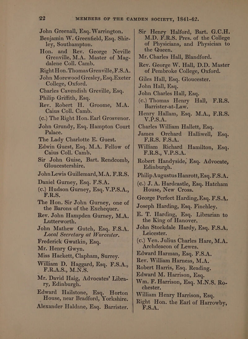 John Greenall, Esq. Warrington. Benjamin W. Greenfield, Esq. Shir- ley, Southampton. Hon. and Rev. George Neville Grenville, M.A. Master of Mag- dalene Coll. Camb. Right Hon. Thomas Grenville, F.S.A. John Morewood Gresley, Esq. Exeter College, Oxford. Charles Cavendish Greville, Esq. Philip Griffith, Esq. Rev. Robert H. Groome, M.A. Caius Coll. Camb. (c.) The Right Hon. Earl Grosvenor. John Grundy, Esq. Hampton Court Palace. The Lady Charlotte E. Guest. Edwin Guest, Esq. M.A. Fellow of Caius Coll. Camb. Sir John Guise, Bart. Rendcomb, Gloucestershire. John Lewis Guillemard, M.A. F.R.S. Daniel Gurney, Esq. F.S.A. (c.) Hudson Gurney, Esq. V.P.S.A., F.R.S. The Hon. Sir John Gurney, one of the Barons of the Exchequer. Rev. John Hampden Gurney, M.A. Lutterworth. John Mathew Gutch, Esq. F.S.A. Local Secretary at Worcester. Frederick Gwatkin, Esq. Mr. Henry Gwyn. Miss Hackett, Clapham, Surrey. William D. Haggard, Esq. F.S.A., _ F.R.ALS., M.N.S. Mr. David Haig, Advocates’ Libra- ry, Edinburgh. Edward Hailstone, Esq. Horton _ House, near Bradford, Yorkshire. Alexander Haldane, Esq. Barrister. Sir Henry Halford, Bart. G.C.H. » M.D. F.R.S. Pres. of the College of Physicians, and Physician to the Queen. Mr. Charles Hall, Blandford. Rev. George W. Hall, D.D. Master of Pembroke College, Oxford. Giles Hall, Esq. Gloucester. John Hall, Esq. John Charles Hall, Esq. (c.) Thomas Henry Hall, F.R.S. Barrister-at-Law. Henry Hallam, Esq. M.A., F.R.S. V.P.S.A. Charles William Hallett, Esq. James Orchard Halliwell, Esq. F.R.S. F.S.A. William Richard Hamilton, Esq. F.R.S., V.P.S.A. Robert Handyside, Esq. Advocate, Edinburgh. Philip Augustus Hanrott, Esq. F.S.A. (c.) J. A. Hardcastle, Esq. Hatcham House, New Cross. George Perfect Harding, Esq. F.S.A. Joseph Harding, Esq. Finchley. K. T. Harding, Esq. Librarian to the King of Hanover. John Stockdale Hardy, Esq. F.S.A, Leicester. (c.) Ven. Julius Charles Hare, M.A. Archdeacon of Lewes. Edward Harman, Esq, F.S.A. Rey. William Harness, M.A. Robert Harris, Esq. Reading. Edward M. Harrison, Esq. Wn. F. Harrison, Esq. M.N.S. Ro- chester. William Henry Harrison, Esq. Right Hon. the Earl of Harrowby, F.S.A,