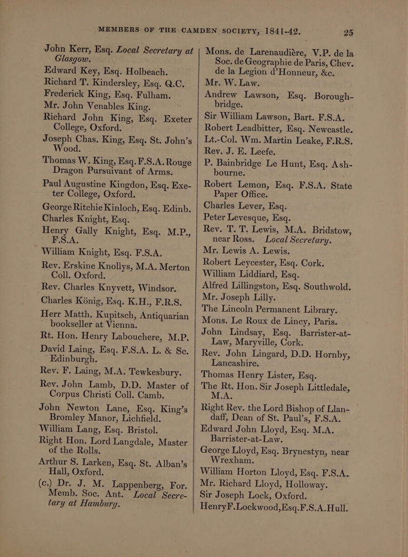 John Kerr, Esq. Local Secretary at Glasgow. Edward Key, Esq. Holbeach. Richard T. Kindersley, Esq. Q.C. Frederick King, Esq. Fulham. Mr. John Venables King. College, Oxford. Joseph Chas. King, Esq. St. John’s Wood. Thomas W. King, Esq. F.S.A. Rouge Dragon Pursuivant of Arms. Paul Augustine Kingdon, Esq. Exe- _ ter College, Oxford. George Ritchie Kinloch, Esq. Edinb. Charles Knight, Esq. Henry Gally Knight, Esq. M.P., F.S.A. William Knight, Esq. F.S.A. Rev. Erskine Knollys, M.A. Merton Coll. Oxford. Rey. Charles Knyvett, Windsor. Charles Konig, Esq. K.H., F.R.S. Herr Matth. Kupitsch, Antiquarian bookseller at Vienna. Rt. Hon. Henry Labouchere, M.P. David Laing, Esq. F.S.A. L. &amp; Sc. Edinburgh. Rey. F. Laing, M.A. Tewkesbury. Rev. John Lamb, D.D. Master of Corpus Christi Coll. Camb. John Newton Lane, Esq. King’s Bromley Manor, Lichfield. William Lang, Esq. Bristol. Right Hon. Lord Langdale, Master of the Rolls. Arthur S. Larken, Esq. St. Alban’s ~ Hall, Oxford. (c.) Dr. J. M. Lappenberg, For. Memb. Soc. Ant. Local Secre- tary at Hamburg. Mons. de Larenaudiére, V.P. de la Soc. de Geographie de Paris, Chev. de la Legion d’Honneur, &amp;c. Mr. W. Law. Andrew Lawson, Esq. Borough- bridge. Sir William Lawson, Bart. F.S.A. Robert Leadbitter, Esq. Newcastle. Lt.-Col. Wm. Martin Leake, F.R.S. Rey. J. E. Leefe. P. Bainbridge Le Hunt, Esq. Ash- bourne. Robert Lemon, Esq. F.S.A. State Paper Office. Charles Lever, Esq. Peter Levesque, Esq. Rev. T. T. Lewis, M.A. Bridstow, near Ross. Local Secretary. Mr. Lewis A. Lewis. Robert Leycester, Esq. Cork. William Liddiard, Esq. Alfred Lillingston, Esq. Southwold. Mr. Joseph Lilly. The Lincoln Permanent Library. Mons. Le Roux de Lincy, Paris. John Lindsay, Esq. Barrister-at- Law, Maryville, Cork. Rev. John Lingard, D.D. Hornby, Lancashire. Thomas Henry Lister, Esq. The Rt. Hon. Sir Joseph Littledale, M.A. Right Rev. the Lord Bishop of Llan- daff, Dean of St. Paul’s, F.S.A. Edward John Lloyd, Tisq. M.A. Barrister-at-Law. George Lloyd, Esq. Brynestyn, near Wrexham. William Horton Lloyd, Esq. F.S.A. Mr. Richard Lloyd, Holloway. Sir Joseph Lock, Oxford. HenryF.Lockwood,Esq.F.S.A.Hull.