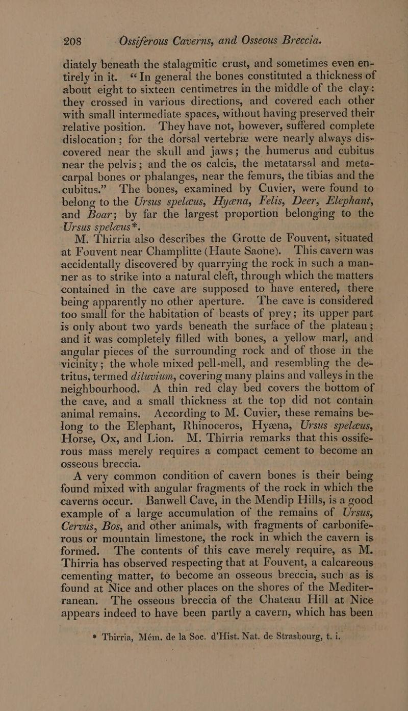 diately beneath the stalagmitic crust, and sometimes even en- tirely in it. ‘In general the bones constituted a thickness of about eight to sixteen centimetres in the middle of the clay: they crossed in various directions, and covered each other with small intermediate spaces, without having preserved their relative position. ‘They have not, however, suffered complete dislocation ; for the dorsal vertebrae were nearly always dis- covered near the skull and jaws; the humerus and cubitus near the pelvis; and the os calcis, the metatarsal and meta- carpal bones or phalanges, near the femurs, the tibias and the cubitus.” The bones, examined by Cuvier, were found to belong to the Ursus spelaus, Hyena, Felis, Deer, Elephant, and Boar; by far the largest proportion belonging to the Ursus speleus*. : M. Thirria also describes the Grotte de Fouvent, situated at Fouvent near Champlitte (Haute Saone). This cavern was accidentally discovered by quarrying the rock in such a man- ner as to strike into a natural cleft, through which the matters contained in the cave are supposed to have entered, there being apparently no other aperture. ‘The cave is considered too small for the habitation of beasts of prey; its upper part is only about two yards beneath the surface of the plateau ; and it was completely filled with bones, a yellow marl, and angular pieces of the surrounding rock and of those in the vicinity ; the whole mixed pell-mell, and resembling the de- tritus, termed diluvium, covering many plains and valleys in the neighbourhood. A thin red clay bed covers the bottom of the cave, and a small thickness at the top did not contain animal remains. According to M. Cuvier, these remains be- long to the Elephant, Rhinoceros, Hyzena, Ursus spelaus, Horse, Ox, and Lion. M. Thirria remarks that this ossife- rous mass merely requires a compact cement to become an osseous breccia. . A very common condition of cavern bones is their being found mixed with angular fragments of the rock in which the caverns occur. Banwell Cave, in the Mendip Hills, is a good example of a large accumulation of the remains of Ursus, Cervus, Bos, and other animals, with fragments of carbonife- rous or mountain limestone, the rock in which the cavern is. formed. The contents of this cave merely require, as M. Thirria has observed respecting that at Fouvent, a calcareous cementing matter, to become an osseous breccia, such as is found at Nice and other places on the shores of the Mediter- ranean. The osseous breccia of the Chateau Hill at Nice appears indeed to have been partly a cavern, which has been