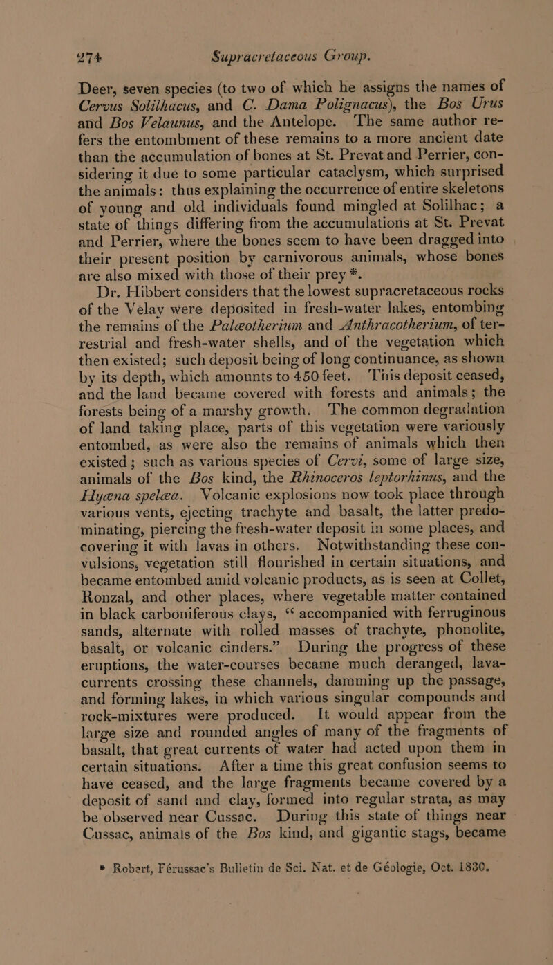 Deer, seven species (to two of which he assigns the names of Cervus Soliihacus, and C. Dama Polignacus), the Bos Urus and Bos Velaunus, and the Antelope. ‘The same author re- fers the entombment of these remains to a more ancient date than the accumulation of bones at St. Prevat and Perrier, con- sidering it due to some particular cataclysm, which surprised the animals: thus explaining the occurrence of entire skeletons of young and old individuals found mingled at Solilhac; a state of things differing from the accumulations at St. Prevat and Perrier, where the bones seem to have been dragged into their present position by carnivorous animals, whose bones are also mixed with those of their prey *. Dr. Hibbert considers that the lowest supracretaceous rocks of the Velay were deposited in fresh-water lakes, entombing the remains of the Paleotherium and Anthracotherium, of ter- restrial and fresh-water shells, and of the vegetation which then existed; such deposit being of long continuance, as shown by its depth, which amounts to 450 feet. This deposit ceased, and the land became covered with forests and animals; the forests being of a marshy growth. ‘The common degradation of land taking place, parts of this vegetation were variously entombed, as were also the remains of animals which then existed ; such as various species of Cervi, some of large size, animals of the Bos kind, the Rhinoceros leptorhinus, and the Hyena spelea. Volcanic explosions now took place through various vents, ejecting trachyte and basalt, the latter predo- minating, piercing the fresh-water deposit in some places, and covering it with lavas in others, Notwithstanding these con- vulsions, vegetation still flourished in certain situations, and became entombed amid volcanic products, as is seen at Collet, Ronzal, and other places, where vegetable matter contained in black carboniferous clays, ‘“‘ accompanied with ferruginous sands, alternate with rolled masses of trachyte, phonolite, basalt, or volcanic cinders.” During the progress of these eruptions, the water-courses became much deranged, lava- currents crossing these channels, damming up the passage, and forming lakes, in which various singular compounds and rock-mixtures were produced. It would appear from the large size and rounded angles of many of the fragments of basalt, that great currents of water had acted upon them in certain situations. After a time this great confusion seems to have ceased, and the large fragments became covered by a deposit of sand and clay, formed into regular strata, as may be observed near Cussac. During this state of things near Cussac, animals of the Bos kind, and gigantic stags, became * Robert, Férussac’s Bulletin de Sci. Nat. et de Géologie, Oct. 1830.