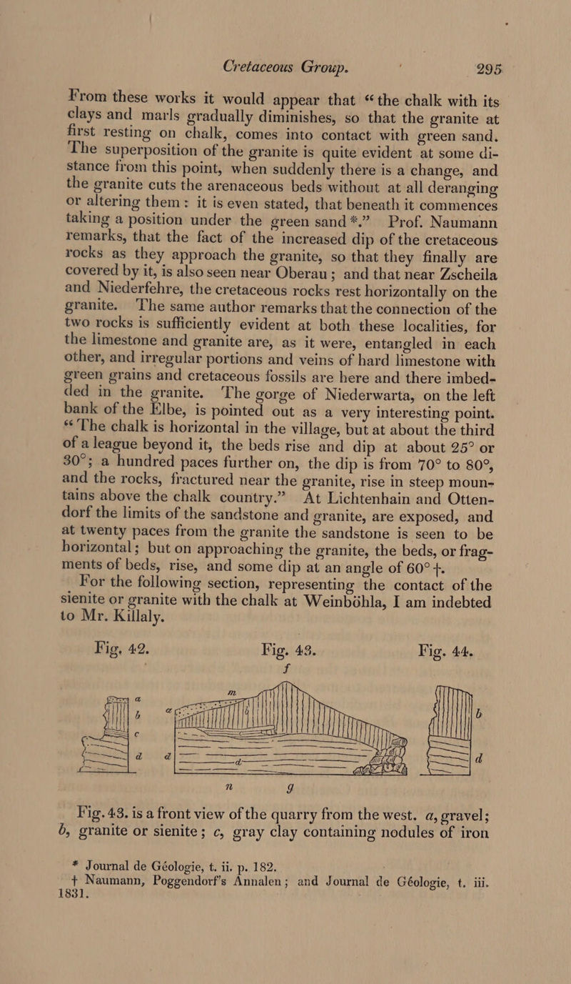 From these works it would appear that “the chalk with its clays and marls gradually diminishes, so that the granite at first resting on chalk, comes into contact with green sand. The superposition of the granite is quite evident at some di- stance from this point, when suddenly there is a change, and the granite cuts the arenaceous beds without at all deranging or altering them: it is even stated, that beneath it commences taking a position under the green sand*.” Prof. Naumann remarks, that the fact of the increased dip of the cretaceous rocks as they approach the granite, so that they finally are covered by it, is also seen near Oberau; and that near Zscheila and Niederfehre, the cretaceous rocks rest horizontally on the granite. The same author remarks that the connection of the two rocks is sufficiently evident at both these localities, for the limestone and granite are, as it were, entangled in each other, and irregular portions and veins of hard limestone with green grains and cretaceous fossils are here and there imbed- ded in the granite. The gorge of Niederwarta, on the left bank of the Elbe, is pointed out as a very interesting point. ‘&lt;The chalk is horizontal in the village, but at about the third of a league beyond it, the beds rise and dip at about 25° or 30°; a hundred paces further on, the dip is from 70° to 80°, and the rocks, fractured near the granite, rise in steep moun- tains above the chalk country.” At Lichtenhain and Otten- dorf the limits of the sandstone and granite, are exposed, and at twenty paces from the granite the sandstone is seen to be horizontal; but on approaching the granite, the beds, or frag- ments of beds, rise, and some dip at an angle of 60° +. For the following section, representing the contact of the sienite or granite with the chalk at Weinbéhla, I am indebted to Mr. Killaly. Fig. 44. Fig. 43. is a front view of the quarry from the west. a, gravel; 6, granite or sienite; c, gray clay containing nodules of iron * Journal de Géologie, t. ii. p. 182. iy + Naumann, Poggendorf’s Annalen; and Journal de Géologie, t. iii. 183].