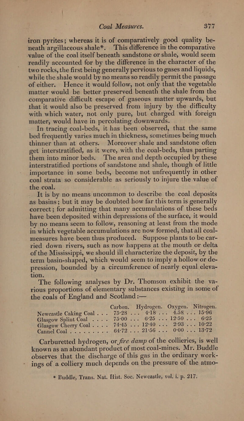 iron pyrites; whereas it is of comparatively good quality be- neath argillaceous shale*. This difference in the comparative value of the coal itself beneath sandstone or shale, would seem readily accounted for by the difference in the character of the two rocks, the first being generally pervious to gases and liquids, while the shale would by no means so readily permit the passage of either. Hence it would follow, not only that the vegetable matter would be better preserved beneath the shale from the comparative difficult escape of gaseous matter upwards, but that it would also be preserved from injury by the difficulty with which water, not only pure, but charged with foreign matter, would have in percolating downwards. In tracing coal-beds, it has been observed, that the same bed frequently varies much in thickness, sometimes being much thinner than at others. Moreover shale and sandstone often get interstratified, as it were, with the coal-beds, thus parting them into minor beds. The area and depth occupied by these interstratified portions of sandstone and shale, though of little importance in some beds, become not unfrequently in other coal strata so considerable as seriously to injure the value of the coal. : _ It is by no means uncommon to describe the coal deposits as basins; but it may be doubted how far this term is generally correct ; for admitting that many accumulations of these beds have been deposited within depressions of the surface, it would by no means seem to follow, reasoning at least from the mode in which vegetable accumulations are now formed, that all coal- measures have been thus produced. Suppose plants to be car- ried down rivers, such as now happens at the mouth or delta of the Mississippi, we should ill characterize the deposit, by the term basin-shaped, which would seem to imply a hollow or de- pression, bounded by a circumference of nearly equal eleva- tion. | The following analyses by Dr. Thomson exhibit the va- rious proportions of elementary substances existing in some of the coals of England and Scotland :— Carbon. Hydrogen. Oxygen. Nitrogen. Newcastle Caking Coal... 75°28... 418... 4.58... 15°96 Glasgow Splint Coal .... 75°00... 625 ... 1250... 6:25 Glasgow Cherry Coal... . 74°45 ... 1240... 2°93... 10°22 Genmeu Chale. 46) 3 0s G47 oo LOG. ou OU0S. et Lame Carburetted hydrogen, or fire damp of the collieries, is well known as an abundant product of most coal-mines. Mr. Buddle observes that the discharge of this gas in the ordinary work- ings of a colliery much depends on the pressure of the atmo-