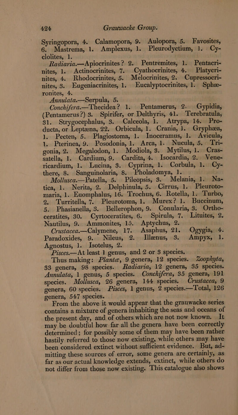 Syringopora, 4. Calamopora, 9. Aulopora, 5. Favosites, 6. Mastrema, 1. Amplexus, 1. Pleurodyctium, 1. Cy- clolites, 1. Radiaria.—Apiocrinites ? 2. Pentremites, 1. Pentacri- nites, 1. Actinocrinites, 7. Cyathocrinites, 4. Platycri- nites, 4. Rhodocrinites, 5. Melocrinites, 2. Cupressocri- nites, 3.. Eugeniacrinites, 1. Eucalyptocrinites, 1. Sphee- ronites, 4. Annulata.—Serpula, 5. Conchifera.—Thecidea? 1. Pentamerus, 2. Gypidia, (Pentamerus?) 3. Spirifer, or Delthyris, 41. Terebratula, 31. Strygocephalus, 3. Calceola, 1. Atrypa, 14. Pro- ducta, or Lepteena, 22. Orbicula, 1. Crania, J. Grypheea, 1. Pecten, 5. Plagiostoma, 1. Inoceramus, 1. Avicula, 1. Pterinea, 9. Posodonia, 1. Arca, 1. Nucula, 5. Tri- gonia, 2. Megalodon, 1. Modiola, 3. Mytilus, 1. Cras- satella, 1. Cardium, 9. Cardita, 4. Isocardia, 2. Vene- ricardium, 1. Lucina, 3. Cyprina, 1. Corbula, 1. Cy- there, 8. Sanguinolaria, 8. _Pholadomya, 1. Mollusca.—Patella, 5. Pileopsis, 3. Melania, 1. Na- tica, 1. Nerita, 2. Delphinula, 5. Cirrus, 1. Pleuroto- maria, 1. Euomphalus, 16. Trochus, 6. Rotella, 1. Turbo, 9, Turritella, 7. Pleurotoma, 1. Murex? 1. Buccinum, 5. Phasianella, 3. Bellerophon, 9. Conularia, 3. Ortho- ceratites, 30. Cyrtoceratites, 6. Spirula, 7. Lituites, 2. Nautilus, 9. Ammonites, 15. Aptychus, 2. Crustacea.—Calymene, 17. Asaphus, 21. Ogygia, 4. Paradoxides, 9. Nileus, 2. Ilenus, 3. Ampyx, 1. Agnostus, 1. Isotelus, 2. Pisces.— At least 1 genus, and 2 or 8 species. Thus making: Plante, 9 genera, 12 species. oophyta, 33 genera, 98 species. Radiaria, 12 genera, 35 species. Annulata, 1 genus, 5 species. Conchifera, 35 genera, 191 species. Mollusca, 26 genera, 144 species. Crustacea, 9 genera, 60 species. Pisces, 1 genus, 2 species.—Total, 126 genera, 547 species. From the above it would appear that the grauwacke series contains a mixture of genera inhabiting the seas and oceans of the present day, and of others which are not now known. It may be doubtful how far all the genera have been correctly determined ; for possibly some of them may have been rather hastily referred to those now existing, while others may have been considered extinct without sufficient evidence. But, ad- mitting these sources of error, some genera are certainly, as far as our actual knowledge extends, extinct, while others do not differ from those now existing. This catalogue also shows