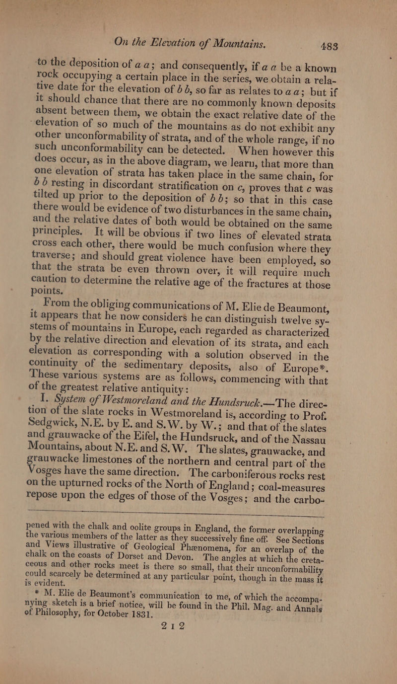 to the deposition of aa ; and consequently, if a a be a known rock occupying a certain place in the series, we obtain a rela- tive date for the elevation of 5 6, so far as relates toaa; but if it should chance that there are no commonly known deposits absent between them, we obtain the exact relative date of the elevation of so much of the mountains as do not exhibit any other unconformability of strata, and of the whole range, if no such unconformability can be detected. When however this does occur, as in the above diagram, we learn, that more than one elevation of strata has taken place in the same chain, for 6b resting in discordant stratification on €, proves that c was tilted up prior to the deposition of 64; so that in this case there would be evidence of two disturbances in the same chain, and the relative dates of both would be obtained on the same principles. It will be obvious if two lines of elevated strata cross each other, there would be much confusion where they traverse; and should great violence have been employed, so that the strata be even thrown over, it will require much caution to determine the relative age of the fractures at those points. From the obliging communications of M. Elie de Beaumont, it appears that he now considers he can distinguish twelve sy- stems of mountains in Europe, each regarded as characterized by the relative direction and elevation of its strata, and each elevation as corresponding with a solution observed in the continuity of the sedimentary deposits, also of Europe*. These various systems are as follows, commencing with that of the greatest relative antiquity : I. System of Westmoreland and the Hundsruck.—The direc- tion of the slate rocks in Westmoreland is, according to Prof. Sedgwick, N.E. by E. and S.W. by W.,; and that of the slates and grauwacke of the Eifel, the Hundsruck, and of the Nassau Mountains, about N.E. and S, W. The slates, grauwacke, and grauwacke limestones of the northern and central part of the Vosges have the same direction. The carboniferous rocks rest on the upturned rocks of the North of England; coal-measures repose upon the edges of those of the Vosges; and the carbo- SO rc Ee ea Boa pened with the chalk and oolite groups in England, the former overlapping the various members of the latter as they successively fine off. See Sections and Views illustrative of Geological Phenomena, for an overlap of the chalk on the coasts of Dorset and Devon. The angles at which the creta- ceous and other rocks meet is there so small, that their unconformability could scarcely be determined at any particular point, though in the mass it is evident. . * M. Elie de Beaumont’s communication to me, of which the accompa- nying sketch is a brief notice, will be found in the Phil, Mag. and Annals of Philosophy, for October 1831. 212
