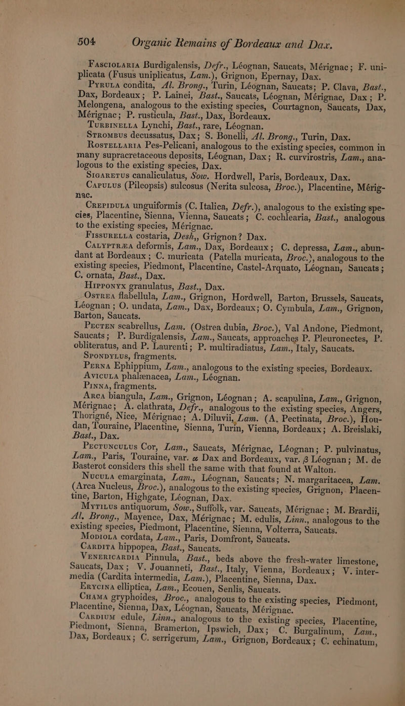 Fascronarra Burdigalensis, Defr., Léognan, Saucats, Mérignac; F. uni- plicata (Fusus uniplicatus, Lam.), Grignon, Epernay, Dax. Pyruta condita, Al. Brong., Turin, Léognan, Saucats; P. Clava, Bast., Dax, Bordeaux; P. Lainei, Bast., Saucats, Léognan, Mérignac, Dax; P. Melongena, analogous to the existing species, Courtagnon, Saucats, Dax, Mérignac; P. rusticula, Bast., Dax, Bordeaux. Tursinetta Lynchi, Bast., rare, Léognan. Strombus decussatus, Dax; S. Bonelli, 4/. Brong., Turin, Dax. Rosretzarra Pes-Pelicani, analogous to the existing species, common in many supracretaceous deposits, Léognan, Dax; R. curvirostris, Lam., ana- logous to the existing species, Dax. Sicaretus canaliculatus, Sow. Hordwell, Paris, Bordeaux, Dax. Carutus (Pileopsis) suleosus (Nerita sulcosa, Broc.), Placentine, Mérig- nac. Crepiputa unguiformis (C. Italica, Defr.), analogous to the existing spe- cies, Placentine, Sienna, Vienna, Saucats; C. cochlearia, Bast., analogous to the existing species, Mérignac. Fissure. costaria, Desh,, Grignon? Dax. Catyptr#a deformis, Lam., Dax, Bordeaux; C. depressa, Zam., abun- dant at Bordeaux ; C. muricata (Patella muricata, Broc.), analogous to the existing species, Piedmont, Placentine, Castel-Arquato, Léognan, Saucats ; C. ornata, Bast., Dax. Hirronyx granulatus, Bast., Dax. Osrrea flabellula, Lam., Grignon, Hordwell, Barton, Brussels, Saucats, Léognan ; O. undata, Lam., Dax, Bordeaux; O. Cymbula, Zam., Grignon, Barton, Saucats. Prcren scabrellus, Zam. (Ostrea dubia, Broc.), Val Andone, Piedmont, Saucats; P. Burdigalensis, Lam., Saucats, approaches P. Pleuronectes, P. obliteratus, and P. Laurenti; P. multiradiatus, Lam., Italy, Saucats. Sponpy.us, fragments. Perna Ephippium, Lam., analogous to the existing species, Bordeaux. Avicuta phalenacea, Lam., Léognan. Pinna, fragments. . Arca biangula, Lam., Grignon, Léognan; A. scapulina, Lam., Grignon, Mérignac; A. clathrata, Defr., analogous to the existing species, Angers, Thorigné, Nice, Mérignac; A. Diluvii, Lam. (A, Pectinata, Broc.), Hou- dan, Touraine, Placentine, Sienna, Turin, Vienna, Bordeaux; A. Breislaki, Bast., Dax. Prctuncutus Cor, Lam., Saucats, Mérignac, Léognan; P. pulvinatus, Lam., Paris, Touraine, var. « Dax and Bordeaux, var. 6 Léognan; M. de Basterot considers this shell the same with that found at Walton. Nucuua emarginata, Lam., Léognan, Saucats; N. margaritacea, Lam. (Arca Nucleus, Broc.), analogous to the existing species, Grignon, Placen- tine, Barton, Highgate, Léognan, Dax. Myriuus antiquorum, Sow., Suffolk, var. Saucats, Mérignac; M. Brardii, Al, Brong., Mayence, Dax, Mérignac; M. edulis, Linn., analogous to the existing species, Piedmont, Placentine, Sienna, Volterra, Saucats. Mopiota cordata, Lam., Paris, Domfront, Saucats. Carpira hippopea, Bast., Saucats. Venericarpia Pinnula, Bast., beds above the fresh-water limestone, Saucats, Dax; V. Jouanneti, Bast., Italy, Vienna, Bordeaux; V. inter- media (Cardita intermedia, Lam.), Placentine, Sienna, Dax. Erycrna elliptica, Lam., Ecouen, Senlis, Saucats. Cuama gryphoides, Broc., analogous to the existing species, Piedmont, Placentine, Sienna, Dax, Léognan, Saucats, Mérignac. Carpium edule, Linn., analogous to the existing species, Placentine, Piedmont, Sienna, Bramerton, Ipswich, Dax ; C. Burgalinum, Lam., Dax, Bordeaux; C. serrigerum, Lam., Grignon, Bordeaux ; C. echinatum,