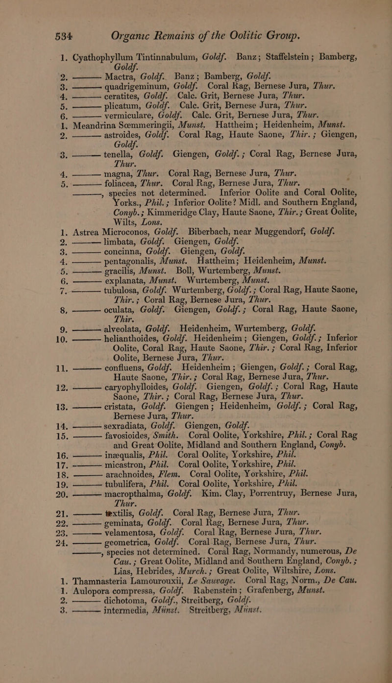 . Im nh go bo e oe eee NOOR Gold, | Mactra, Goldf.. Banz; Bamberg, Goldf. quadrigeminum, Goldf. Coral Rag, Bernese Jura, Thur. ceratites, Goldf. Cale. Grit, Bernese Jura, Thur. plicatum, Goldf. Calc. Grit, Bernese Jura, Thur. vermiculare, Goldf. Cale. Grit, Bernese Jura, Thur. Meandrina Scmmeringii, Munst. Hattheim; Heidenheim, Munst. astroides, Goldf. Coral Rag, Haute Saone, Zhi. ; Giengen, Goldf. . ——— tenella, Goldf. Giengen, Goldf.; Coral Rag, Bernese Jura, Thur. magna, Thur. Coral Rag, Bernese Jura, Thur. foliacea, Thur. Coral Rag, Bernese Jura, Thur. , species not determined. Inferior Oolite and Coral Oolite, Yorks., Phil. ; Inferior Oolite? Mid]. and Southern England, Conyb. ; Kimmeridge Clay, Haute Saone, Thir. ; Great Oolite, Wilts, Lons. a — limbata, Goldf. Giengen, Goldf. concinna, Goldf.. Giengen, Goldf. pentagonalis, Munst. Hattheim; Heidenheim, Mumst. gracilis, Munst. Boll, Wurtemberg, Munst. explanata, Munst. Wurtemberg, Munst. —— tubulosa, Goldf. Wurtemberg, Goldf. ; Coral Rag, Haute Saone, Thir. ; Coral Rag, Bernese Jura, Thur. 8, oculata, Goldf. Giengen, Goldf.; Coral Rag, Haute Saone, Thir. 9. alveolata, Goldf. Heidenheim, Wurtemberg, Goldf. 10. helianthoides, Goldf. Heidenheim ; Giengen, Goldf. ; Inferior Oolite, Coral Rag, Haute Saone, Zhir. ; Coral Rag, Inferior Oolite, Bernese Jura, Thur. 11. confluens, Goldf. Heidenheim ; Giengen, Goldf. ; Coral Rag, Haute Saone, Thir.; Coral Rag, Bernese Jura, 7'hur. 12. caryophylloides, Goldf. Giengen, Goldf. ; Coral Rag, Haute Saone, Thir. ; Coral Rag, Bernese Jura, Thur. 13. cristata, Goldf. Giengen; Heidenheim, Goldf. ; Coral Rag, Bernese Jura, Thur. 14. sexradiata, Goldf. Giengen, Goldf. 15. favosioides, Smith. Coral Oolite, Yorkshire, Phil. ; Coral Rag and Great Oolite, Midland and Southern England, Conyd. 16. ineequalis, Phil. Coral Oolite, Yorkshire, Phil. 17. - micastron, Phil. Coral Oolite, Yorkshire, Phi. 18. arachnoides, Flem. Coral Oolite, Yorkshire, Phi. 19. tubulifera, Phil. Coral Oolite, Yorkshire, PAil. 20. macropthalma, Goldf. Kim. Clay, Porrentruy, Bernese Jura, Thur. \ 21 extilis, Goldf. Coral Rag, Bernese Jura, Thur. 22. geminata, Goldf. Coral Rag, Bernese Jura, Thur. 23. ——-— velamentosa, Goldf. Coral Rag, Bernese Jura, Thur. 24. geometrica, Goldf. Coral-Rag, Bernese Jura, Thur. , species not determined. Coral Rag, Normandy, numerous, De Cau. ; Great Oolite, Midland and Southern England, Conyb. ; Lias, Hebrides, Murch. ; Great Oolite, Wiltshire, Lons. 1. Thamnasteria Lamourouxii, Le Sauvage. Coral Rag, Norm., De Cau. 1. Aulopora compressa, Goldf. Rabenstein; Grafenberg, Munst. 2. dichotoma, Goldf., Streitberg, Goldf. 3. intermedia, Miinst. Streitherg, Munst.