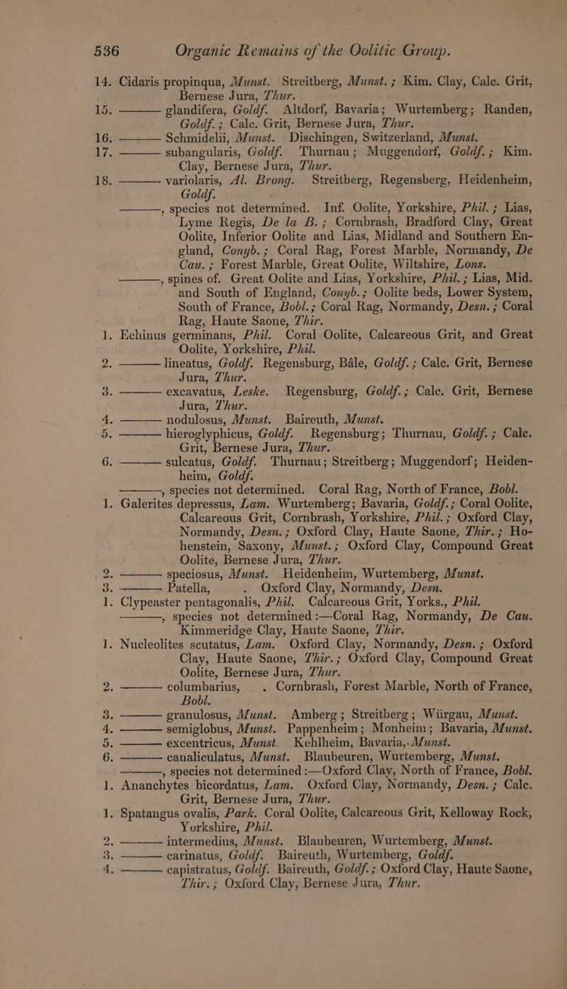 90 to DR oe Bernese Jura, Thur. glandifera, Goldf. Altdorf, Bavaria; Wurtemberg; Randen, Goldf. ; Cale. Grit, Bernese Jura, Thur. Schmidelii, Munst. Dischingen, Switzerland, Munst. subangularis, Goldf. Thurnau; Muggendorf, Goldf.; Kim. Clay, Bernese Jura, Thur. variolaris, Al. Brong. Streitberg, Regensberg, Heidenheim, Goldf. , species not determined. Inf. Oolite, Yorkshire, Phil. ; Lias, Lyme Regis, De la B.; Cornbrash, Bradford Clay, Great Oolite, Inferior Oolite and Lias, Midland and Southern En- gland, Conyb.; Coral Rag, Forest Marble, Normandy, De Cau. ; Forest Marble, Great Oolite, Wiltshire, Zons. , spines of. Great Oolite and Lias, Yorkshire, PAzl. ; Lias, Mid. and South of England, Conyb.; Oolite beds, Lower System, South of France, Bodl.; Coral Rag, Normandy, Desn. ; Coral Rag, Haute Saone, 7hir. Oolite, Yorkshire, Phi. lineatus, Goldf. Regensburg, Bale, Goldf. ; Calc. Grit, Bernese Jura, Thur. excavatus, Leske. Regensburg, Goldf.; Cale. Grit, Bernese Jura, Thur. —~ nodulosus, Munst. Baireuth, Munst. — hieroglyphicus, Goldf. Regensburg; Thurnau, Goldf. ; Cale. Grit, Bernese Jura, Thur. sulcatus, Goldf. Thurnau; Streitberg; Muggendorf; Heiden- heim, Goldf. , species not determined. Coral Rag, North of France, Bobl. Calcareous Grit, Cornbrash, Yorkshire, PAz/.; Oxford Clay, Normandy, Desn. ; Oxford Clay, Haute Saone, Thar. ; Ho- henstein, Saxony, Munst.; Oxford Clay, Compound Great Oolite, Bernese Jura, Thur. ; speciosus, Munst. Heidenheim, Wurtemberg, Munst. Patella, . Oxford Clay, Normandy, Desn. , Species not determined :—Coral Rag, Normandy, De Caw. Kimmeridge Clay, Haute Saone, Zhir. Clay, Haute Saone, Thir.; Oxford Clay, Compound Great Oolite, Bernese Jura, Thur. — columbarius, |. Cornbrash, Forest Marble, North of France, Bobl. -——— granulosus, Munst. Amberg; Streitberg; Wiirgau, Munst. ——— semiglobus, Munst. Pappenheim; Monheim; Bavaria, Munst. —— excentricus, Munst. Kehlheim, Bavaria,.Munst. canaliculatus, Munst. Blaubeuren, Wurtemberg, Munst. , species not determined :—Oxford Clay, North of France, Bod. homed Be Grit, Bernese Jura, Thur. Yorkshire, Phil. intermedius, Munst. Blaubeuren, Wurtemberg, Mumnst. carinatus, Goldf. Baireuth, Wurtemberg, Goldy. capistratus, Goldf. Baireuth, Goldf. ; Oxford Clay, Haute Saone, Thir.; Oxford Clay, Bernese Jura, Thur.